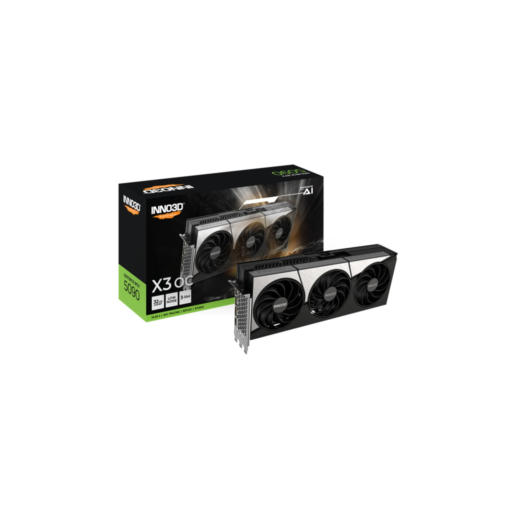 Graphics card box and card with three fans, INNO3D and GeForce RTX 5090 labels, white.
