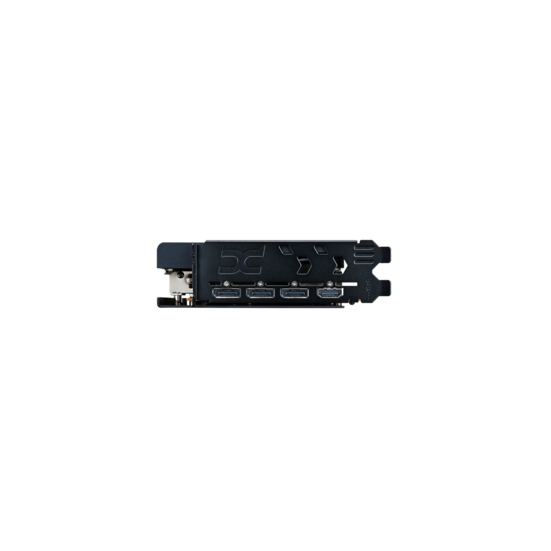 Scheda grafica nera con più porte. Vista laterale con connessioni HDMI e DisplayPort.