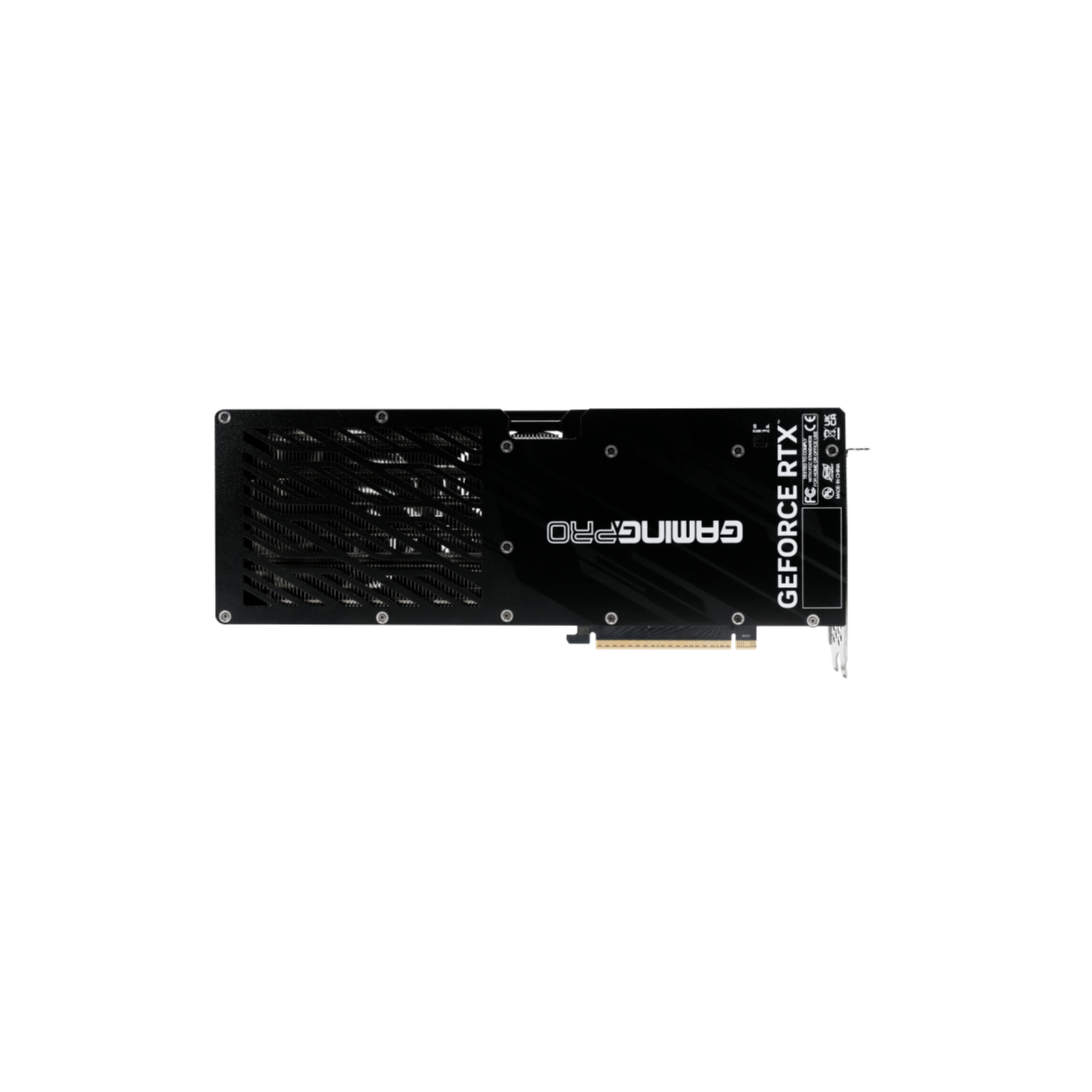 Schwarze Grafikkarte mit GAMINGPRO und GeForce RTX auf weißem Hintergrund, von oben gesehen.