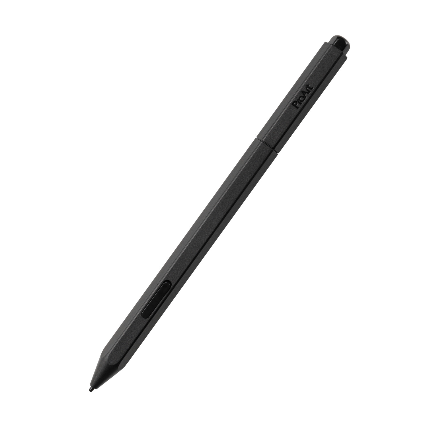 Una penna stilo ProArt nera inclinata su sfondo bianco. Ha un pulsante e una punta. Il logo ProArt è visibile.