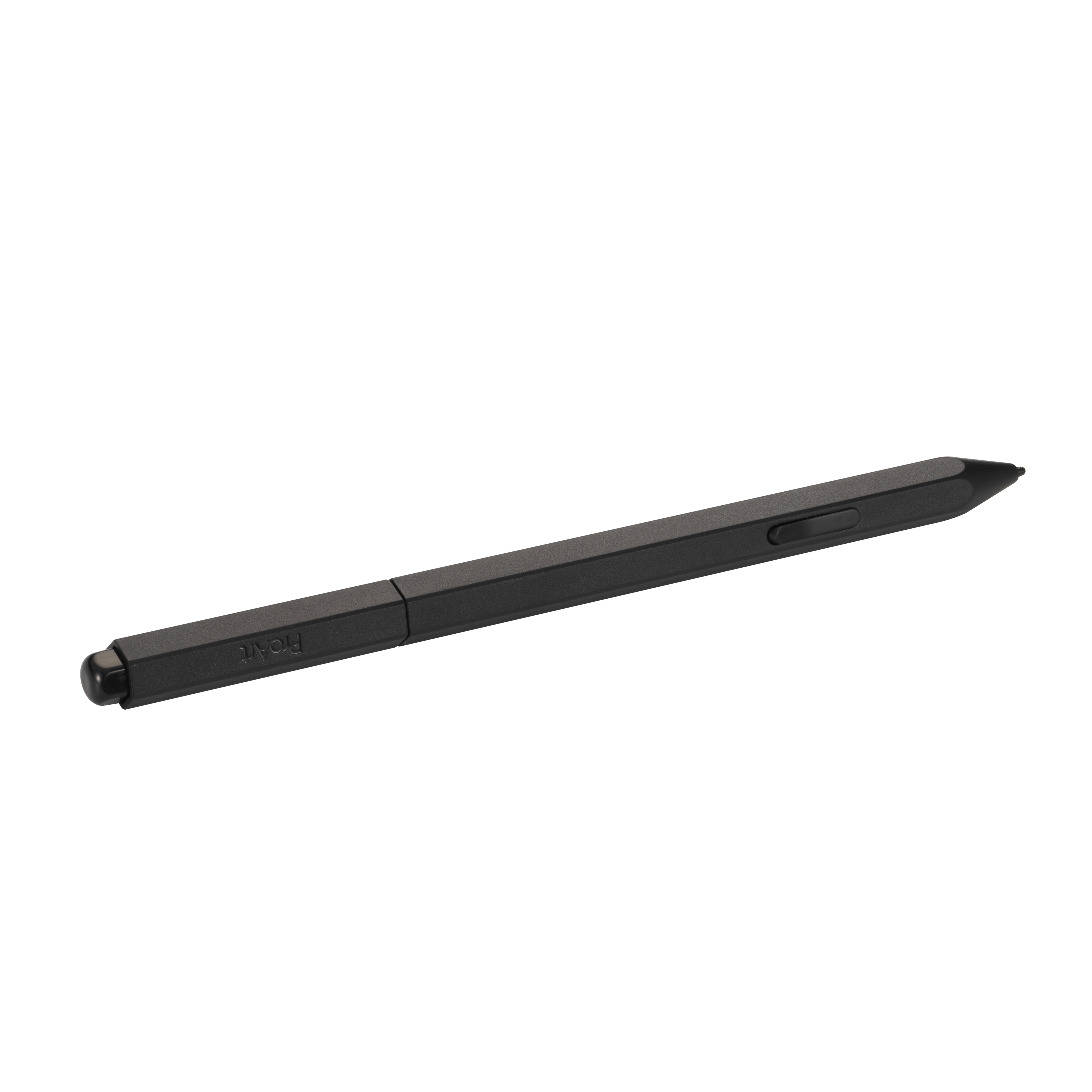 Una penna stilo nera su sfondo bianco. La penna ha forma rettangolare con un pulsante.