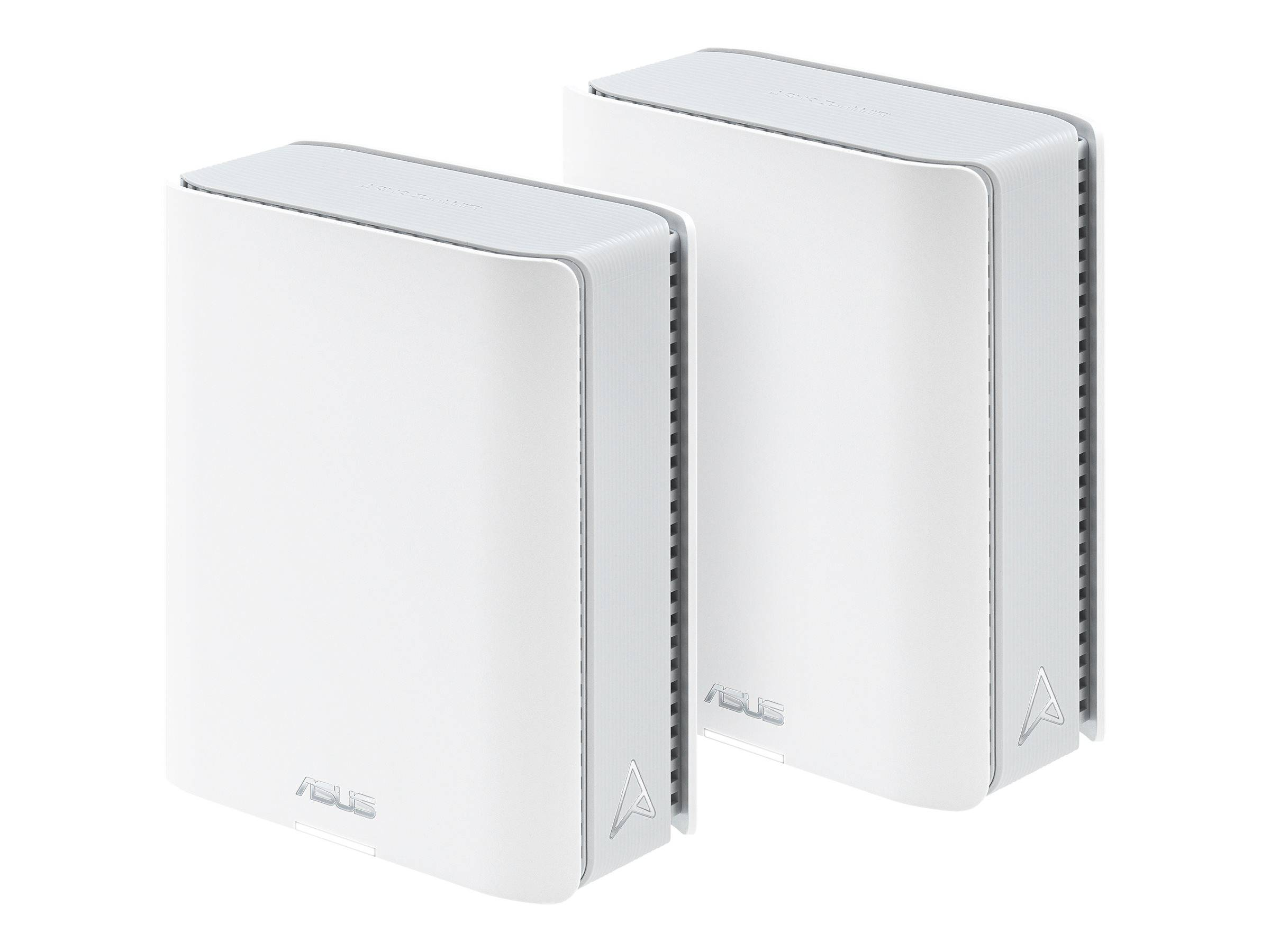 Twee witte ASUS-apparaten, rechthoekig met afgeronde hoeken. Het ASUS-logo is zichtbaar. Geïsoleerd op wit met een lichte hoek.