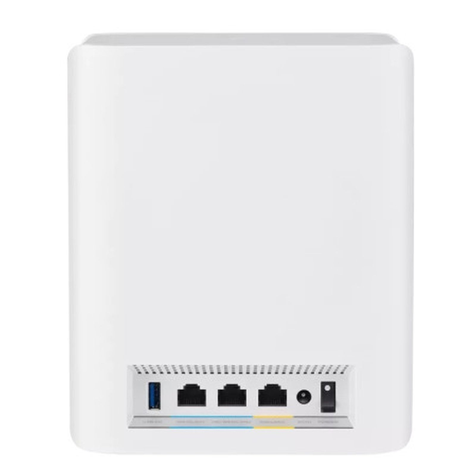 De achterkant van een witte router met meerdere poorten en een aan/uit-knop. Er is een USB-poort.