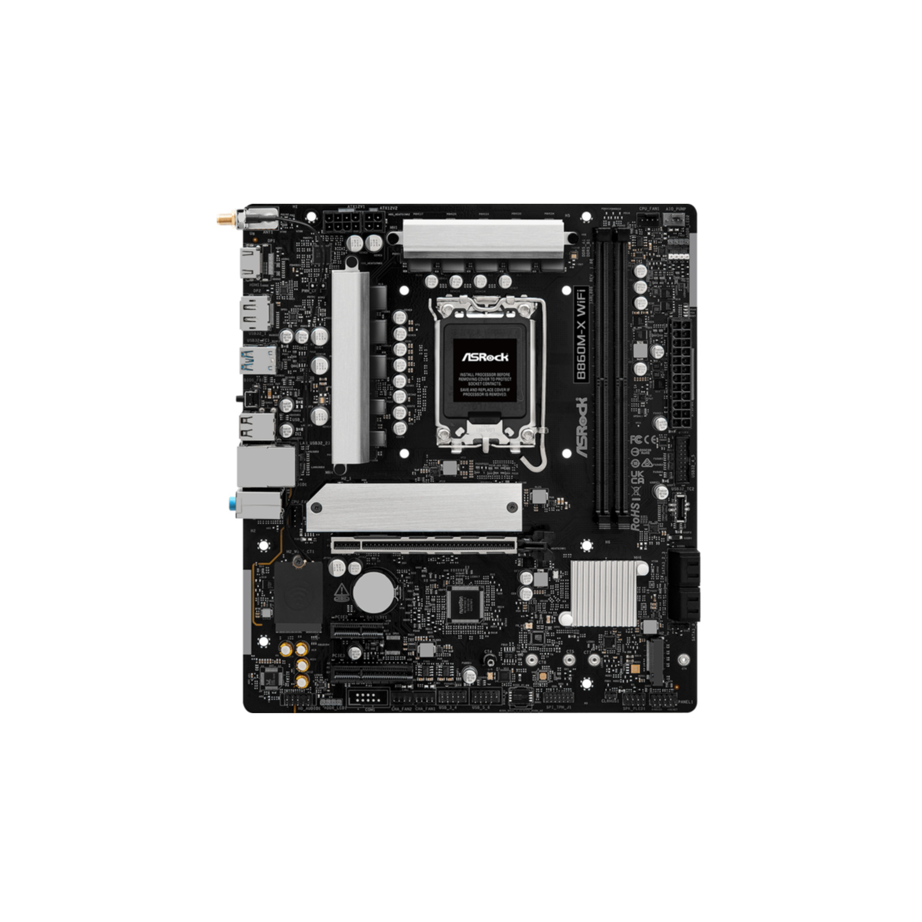 Carte mère d'ordinateur noire et grise. Composants visibles, dont le socket CPU, les slots RAM et divers ports.