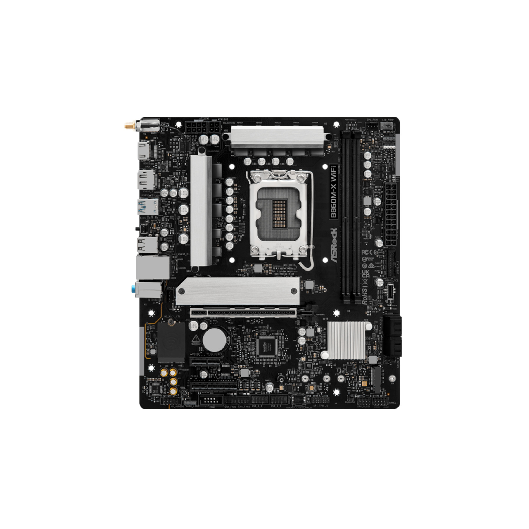 Carte mère d'ordinateur noire et grise. Composants visibles, dont le socket CPU, les slots RAM et divers ports.