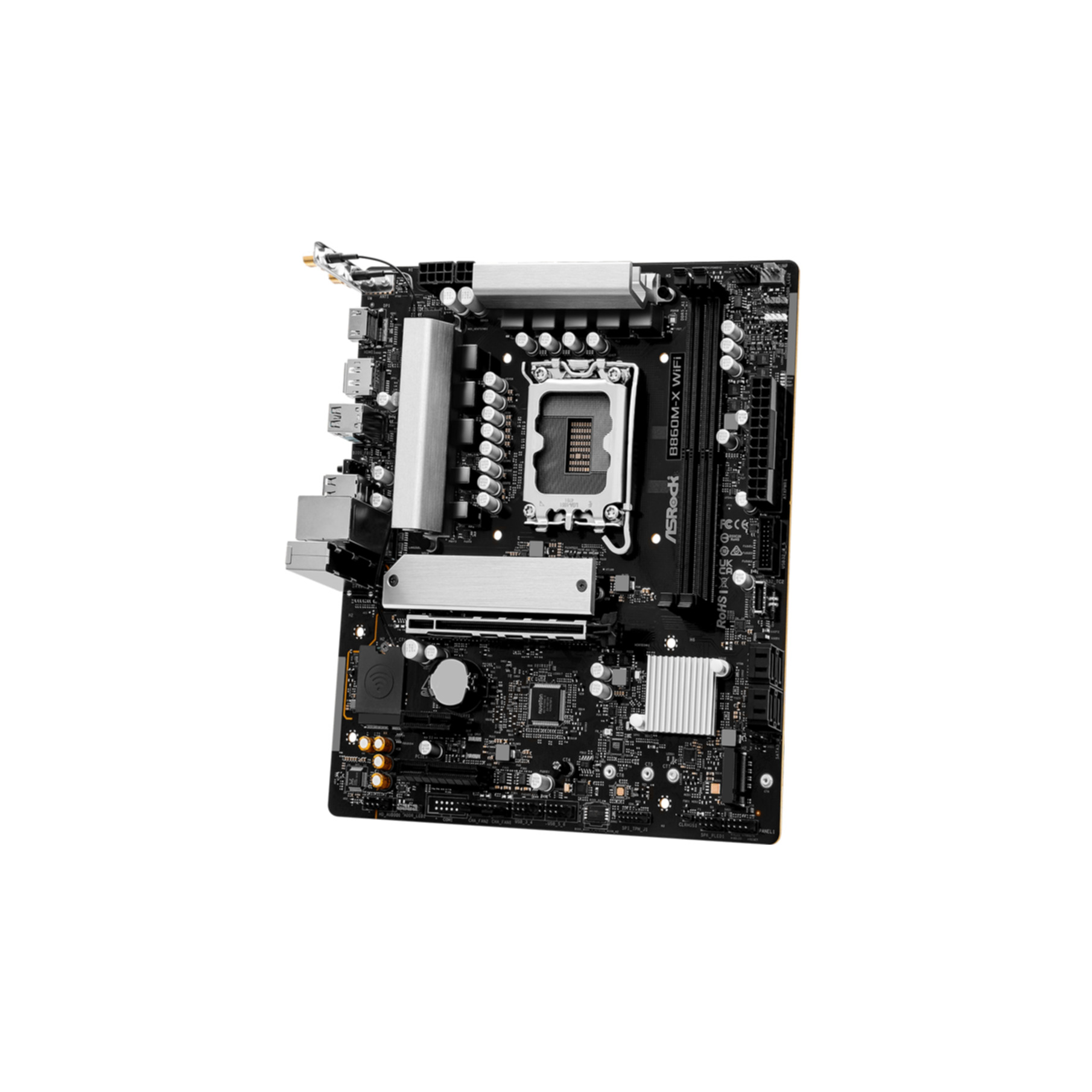 Une carte mère d'ordinateur noire avec divers composants visibles, dont un socket CPU et plusieurs ports et emplacements.