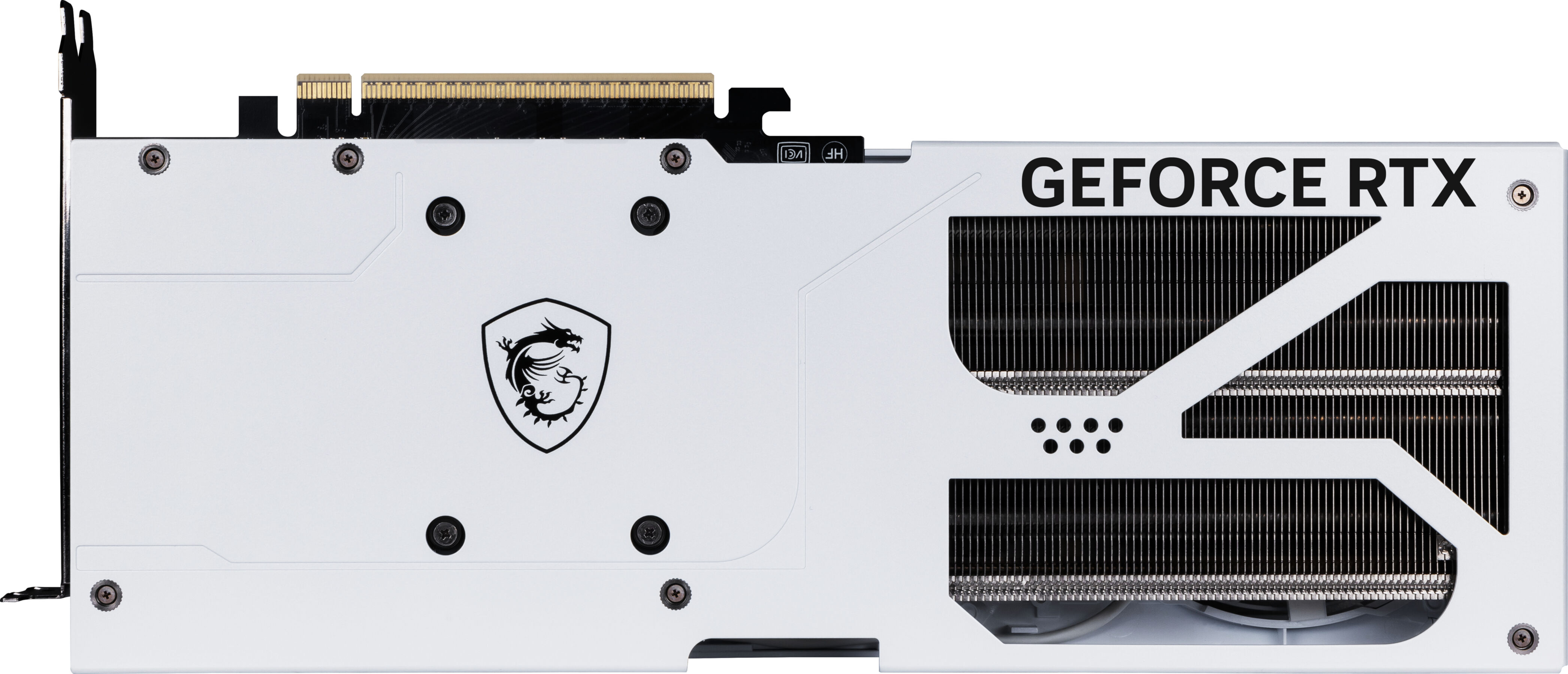 Tył białej karty graficznej MSI. Karta ma napis 'GEFORCE RTX'.