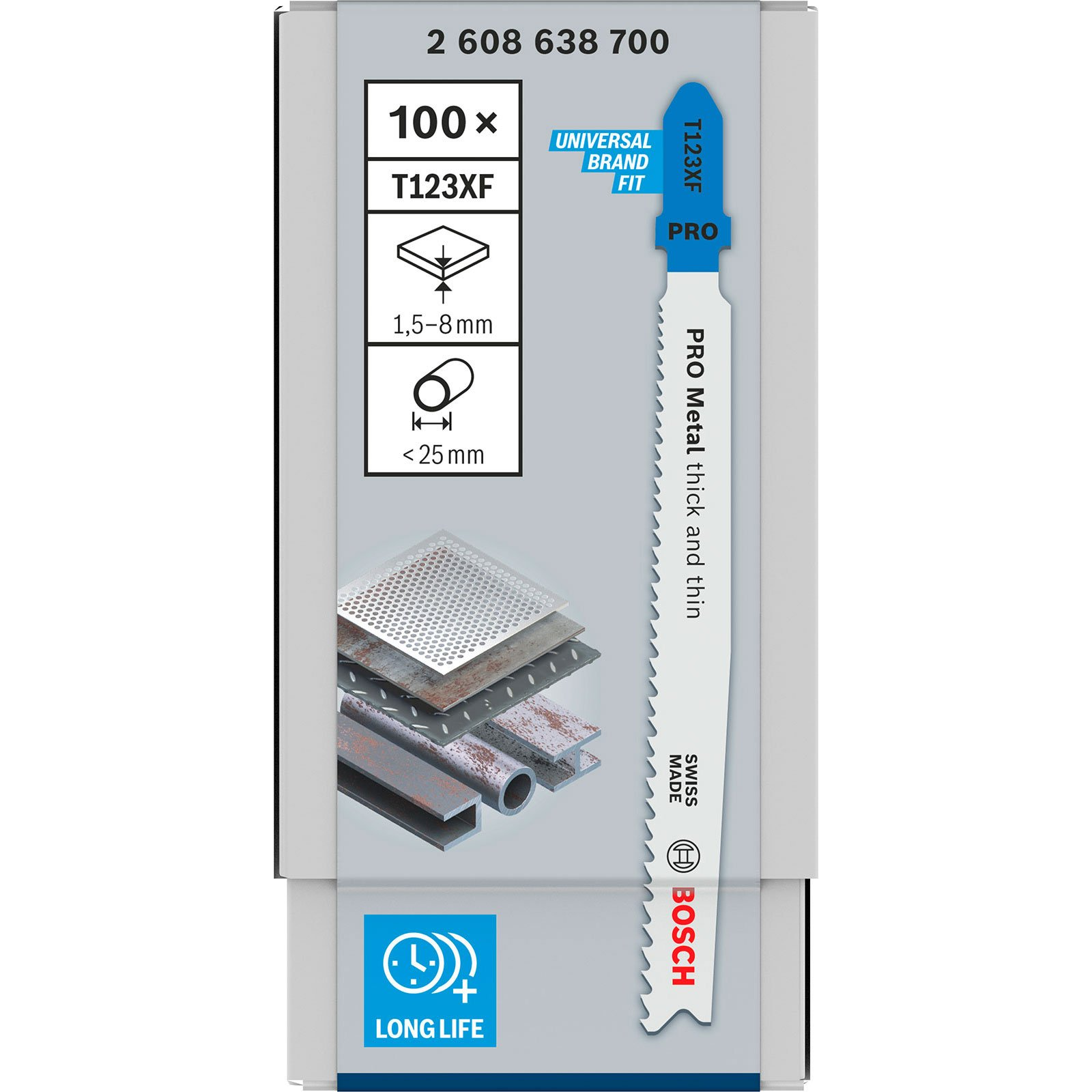 Bosch T123XF PRO Sägeblattverpackung. Die Klinge ist blau und weiß, mit 'PRO Metal' Text und einem 'Swiss Made' Label.