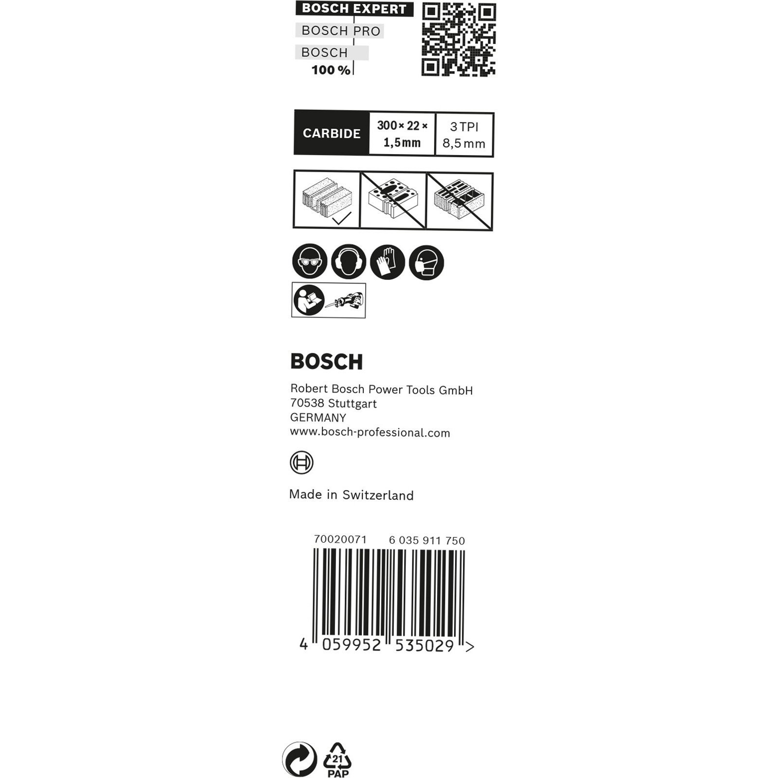 Białe opakowanie Bosch ze szczegółami produktu, w tym 'CARBIDE' i wymiary. Zawiera logo, kody kreskowe i informacje kontaktowe.