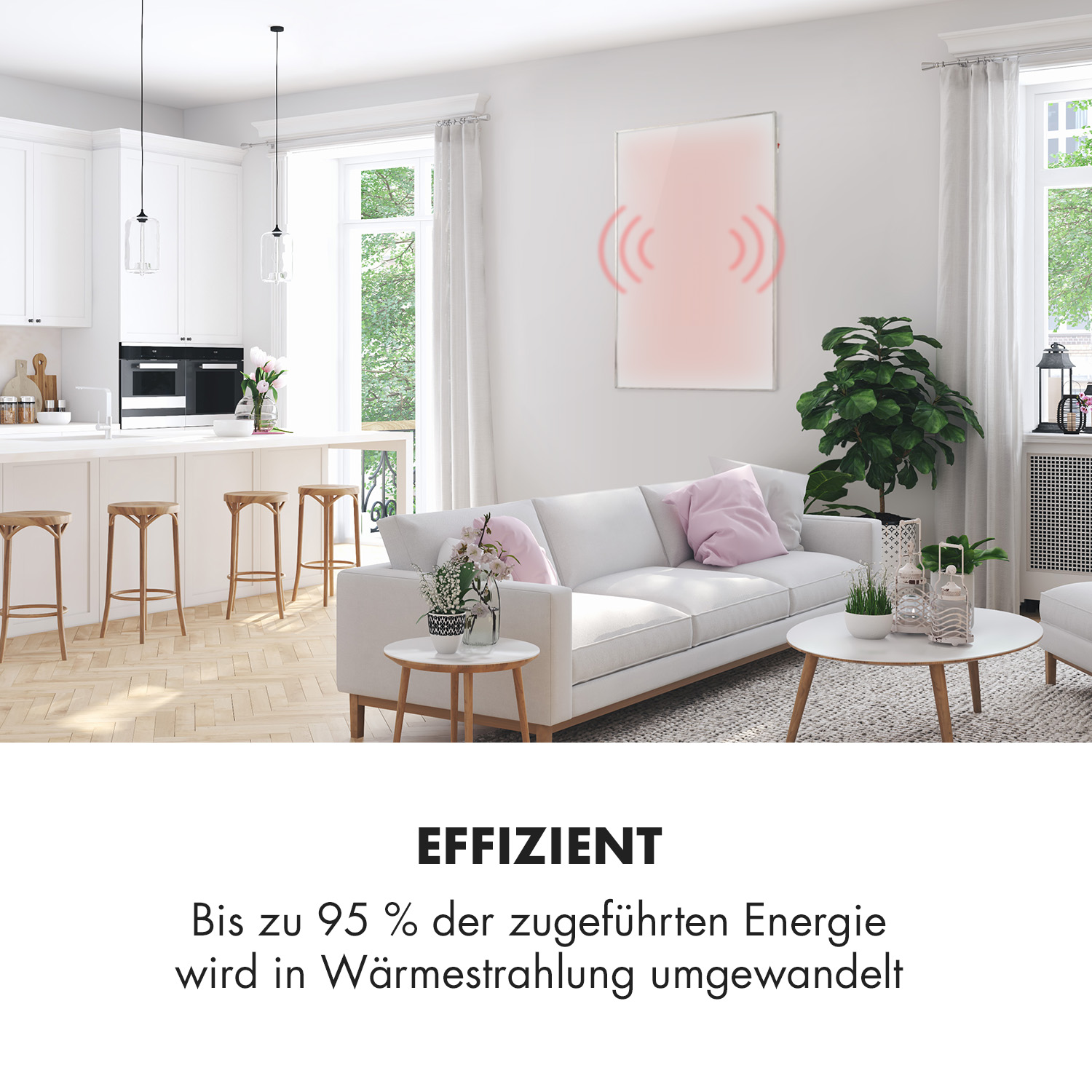 Modernes Wohnzimmer mit weißem Sofa, Pflanzen und weißem Heizpaneel, das Wärme abstrahlt. Text: Effizient.