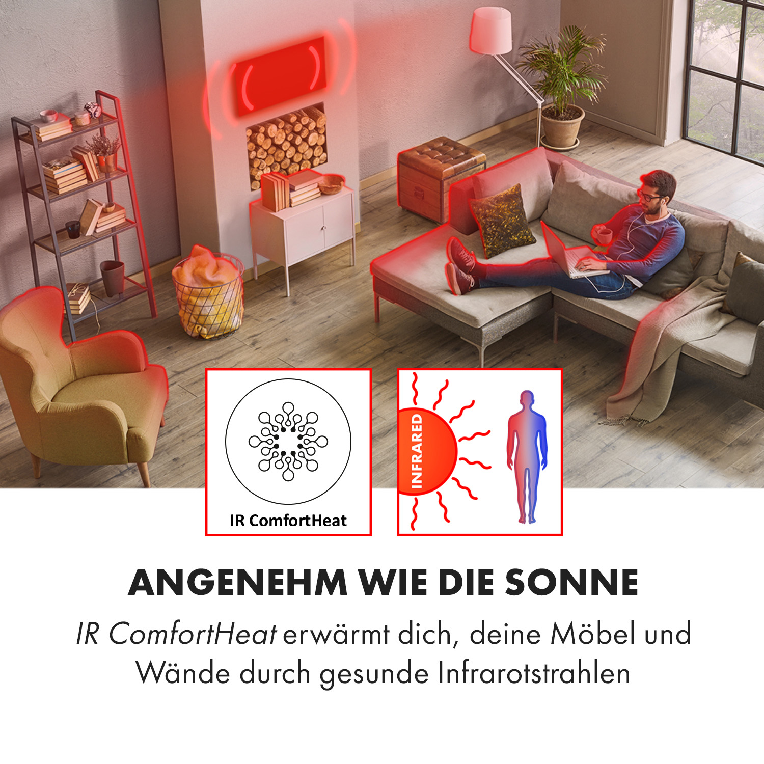 Wohnzimmer mit Mann am Laptop. Heizpaneel mit roten Wellen. Text: Angenehm wie die Sonne.