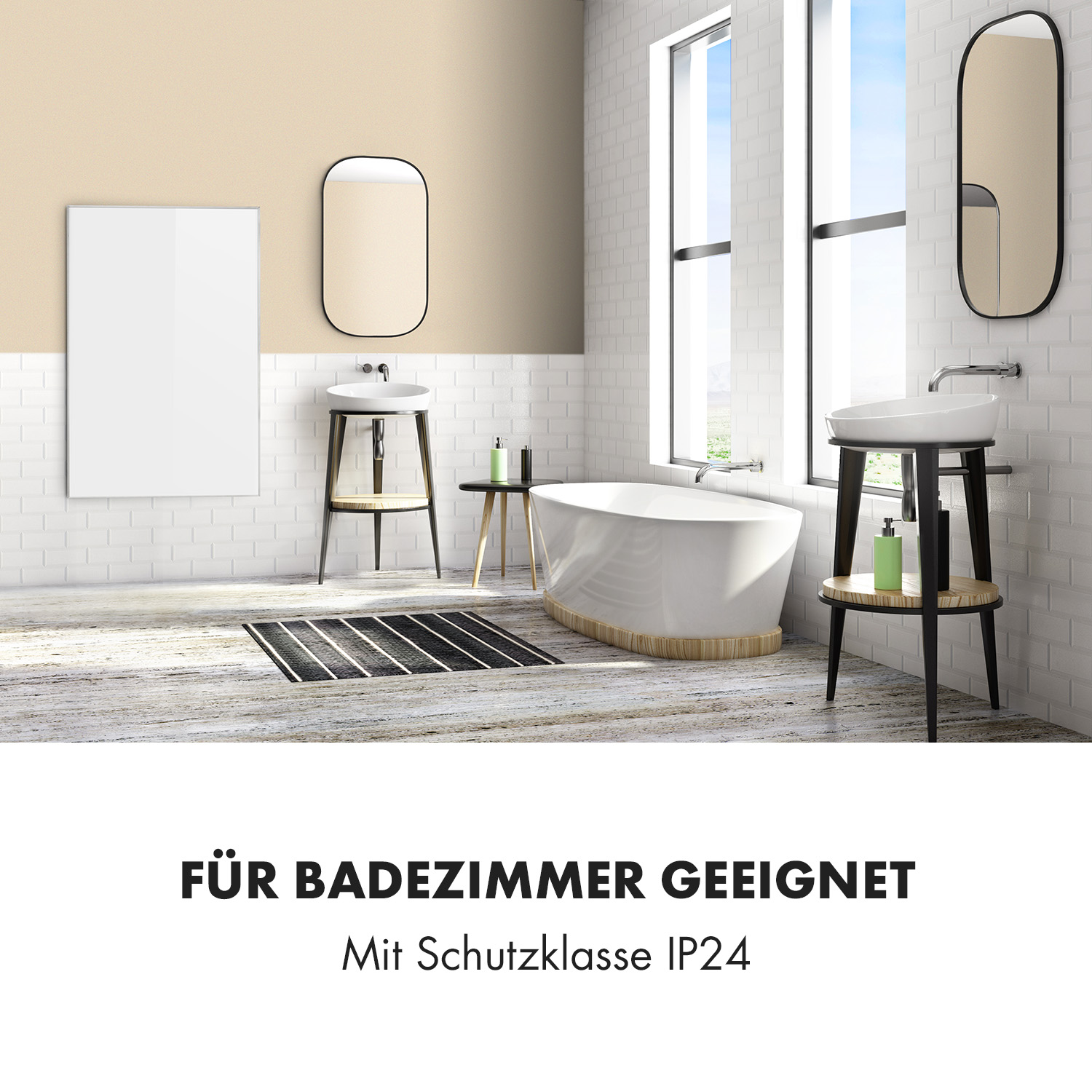 Badezimmer mit weißen Fliesen, Badewanne und weißem Heizpaneel. Text: Für Badezimmer geeignet.