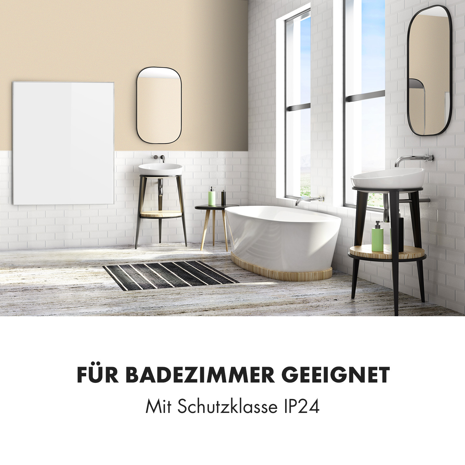 Un bagno moderno con vasca, lavandini, specchi e una finestra. Le pareti sono bianche e beige.