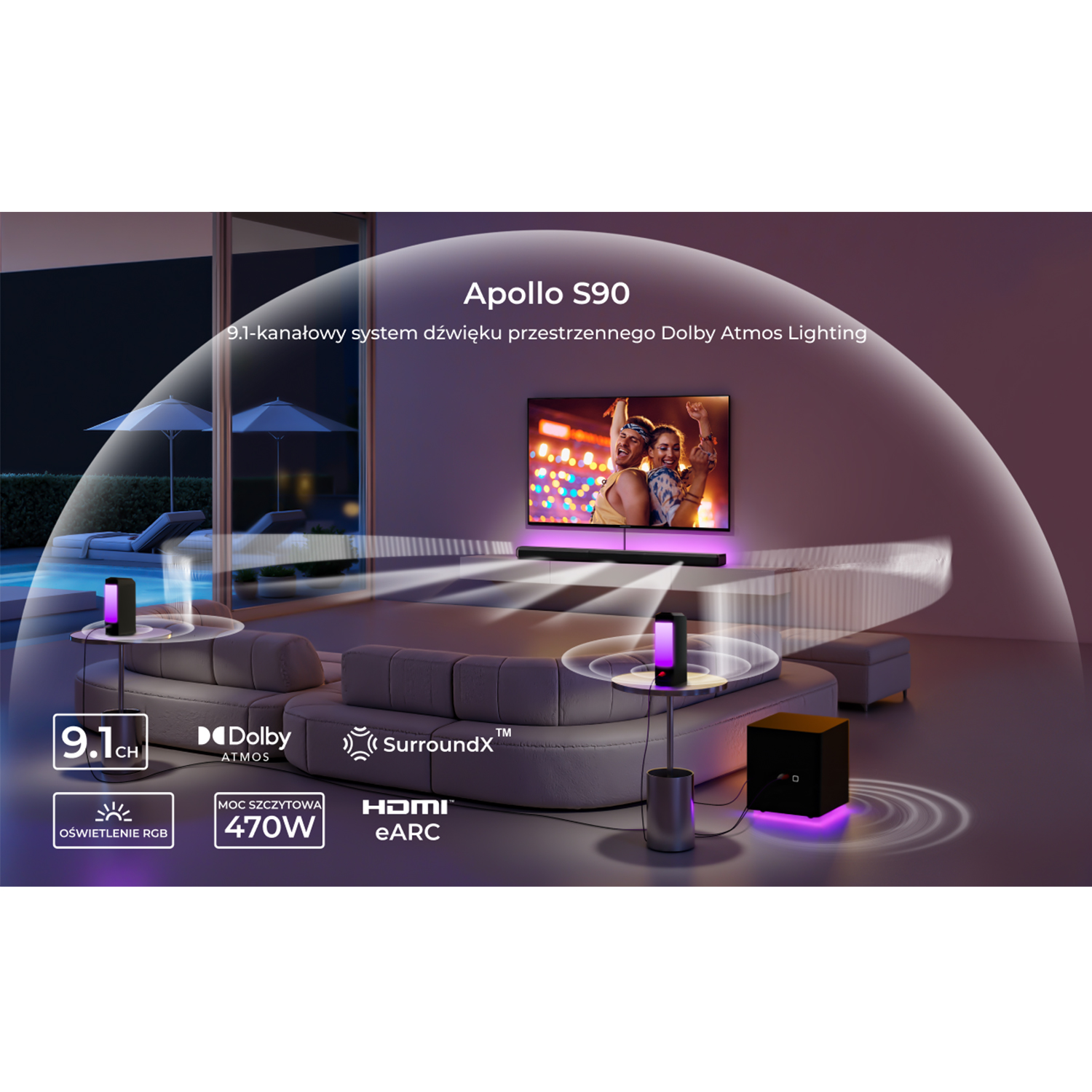 Salon z telewizorem, soundbarem i subwooferem. Telewizor pokazuje parę. Soundbar i subwoofer mają światła.