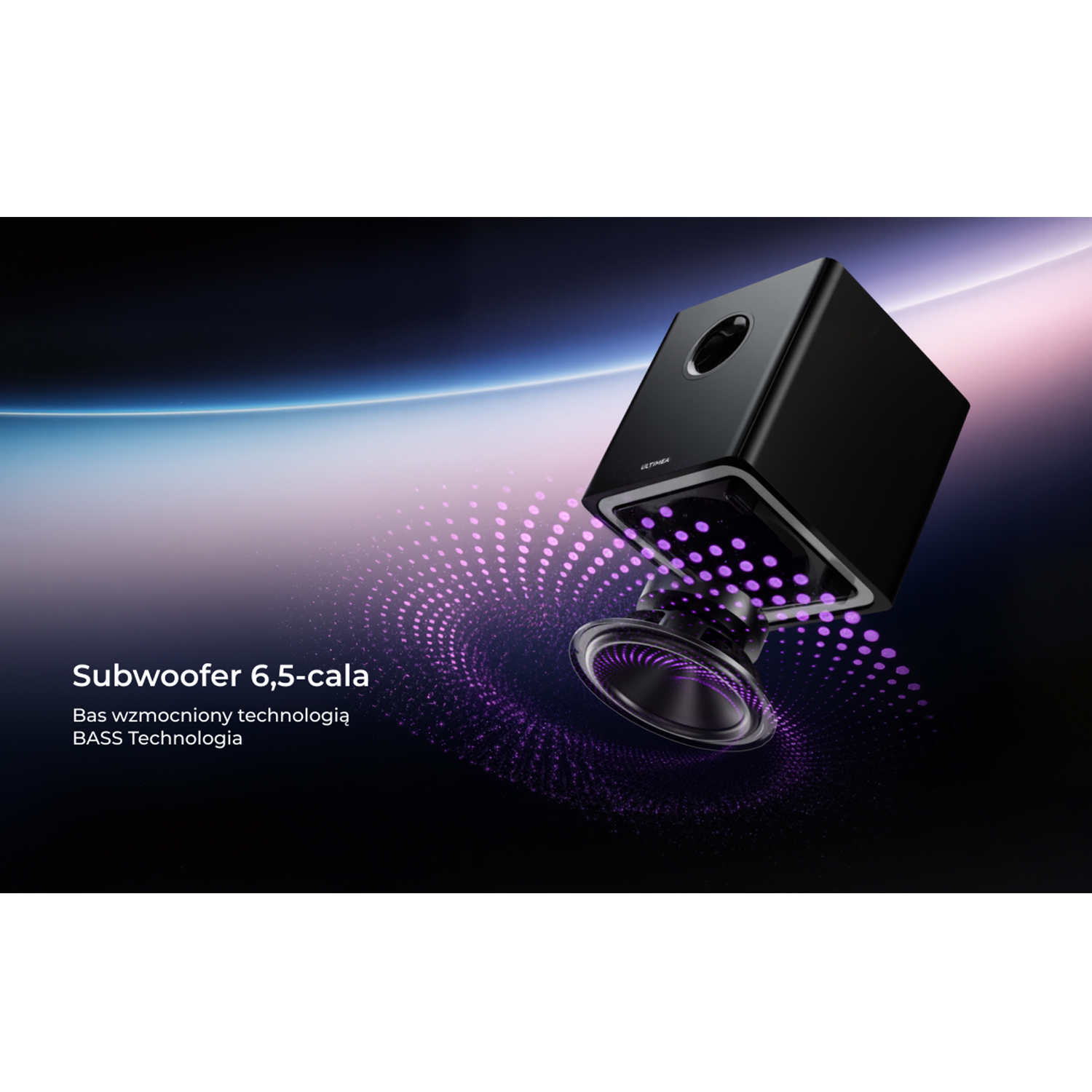 Czarny subwoofer z tekstem Subwoofer 6.5-cala. Fale dźwiękowe pokazano na fioletowo.