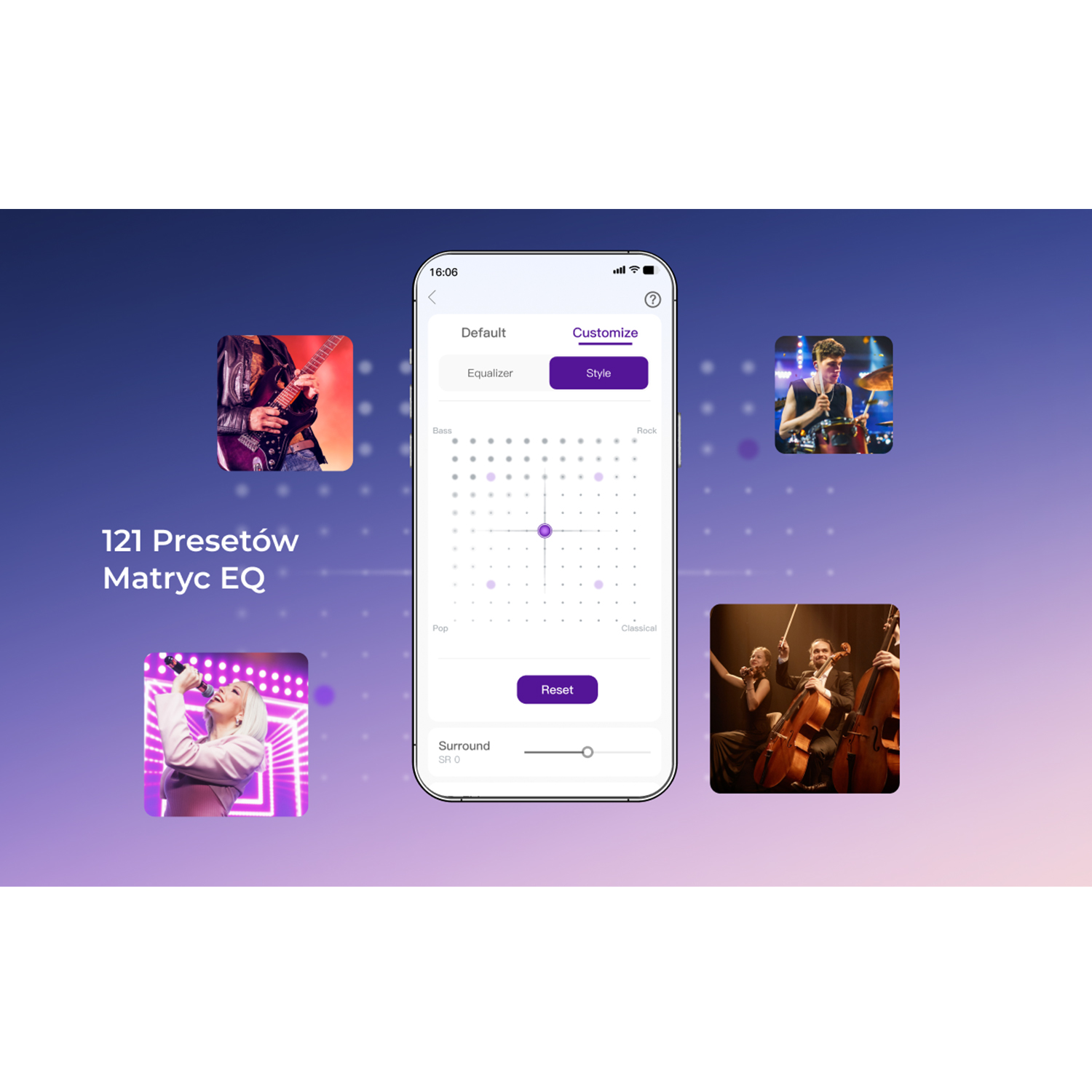 Smartfon z interfejsem korektora, otoczony zdjęciami muzyków. Ustawienia: pop, klasyka, z ustawieniami dźwięku przestrzennego.
