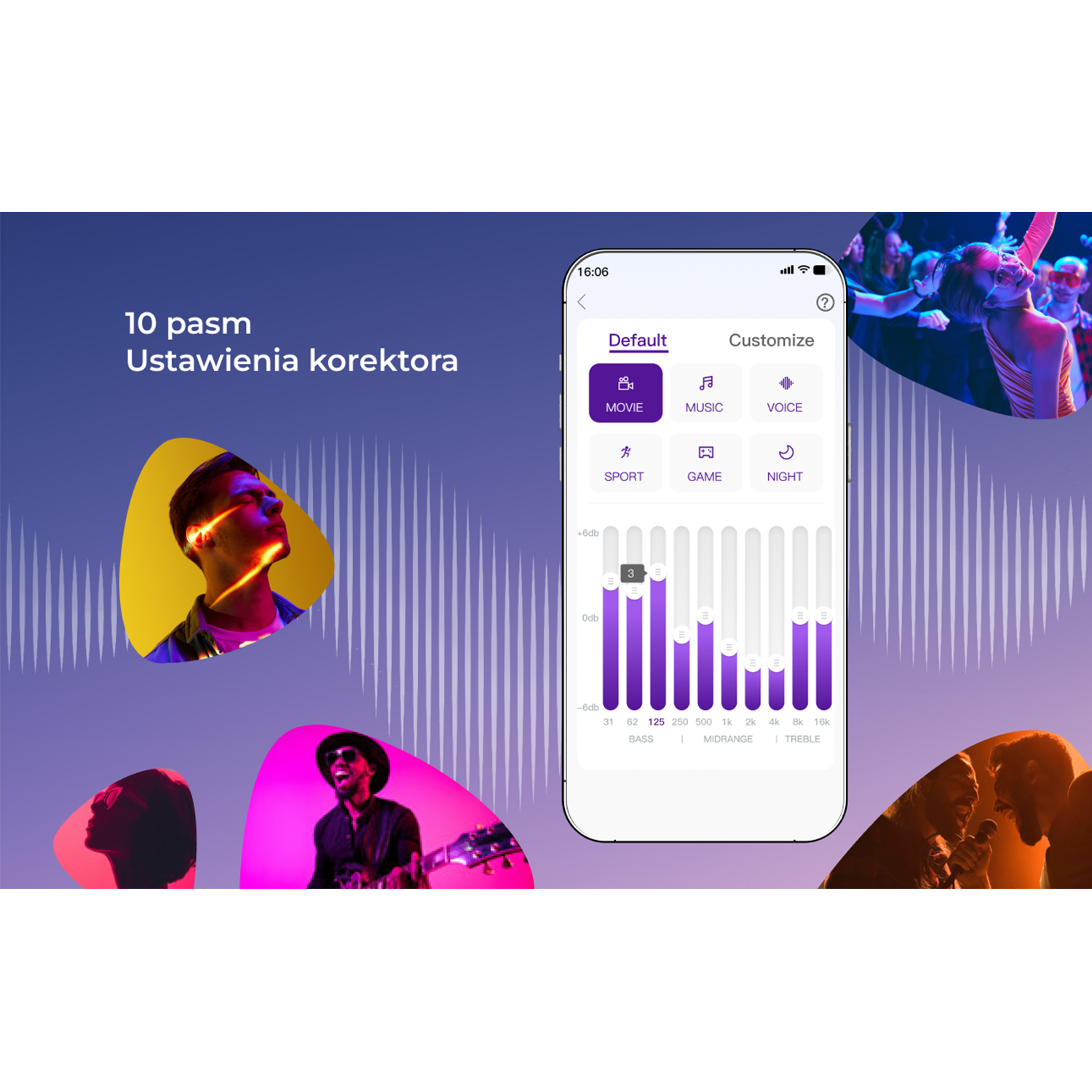 Smartfon z interfejsem ustawień korektora. Obrazy muzyków w tle. Możliwość wyboru różnych gatunków muzycznych.