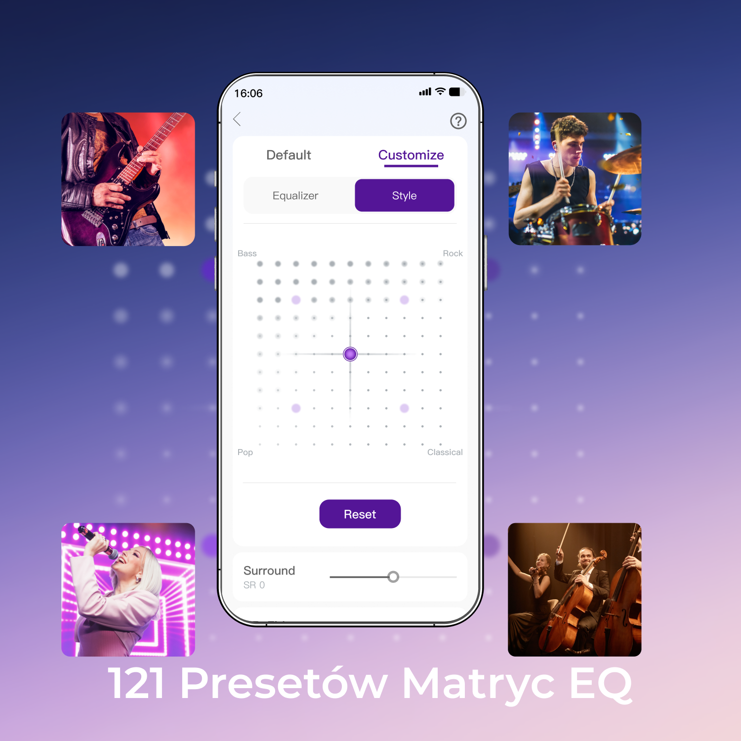 Ekran smartfona pokazujący interfejs korektora z gatunkami muzycznymi i opcjami ustawień.