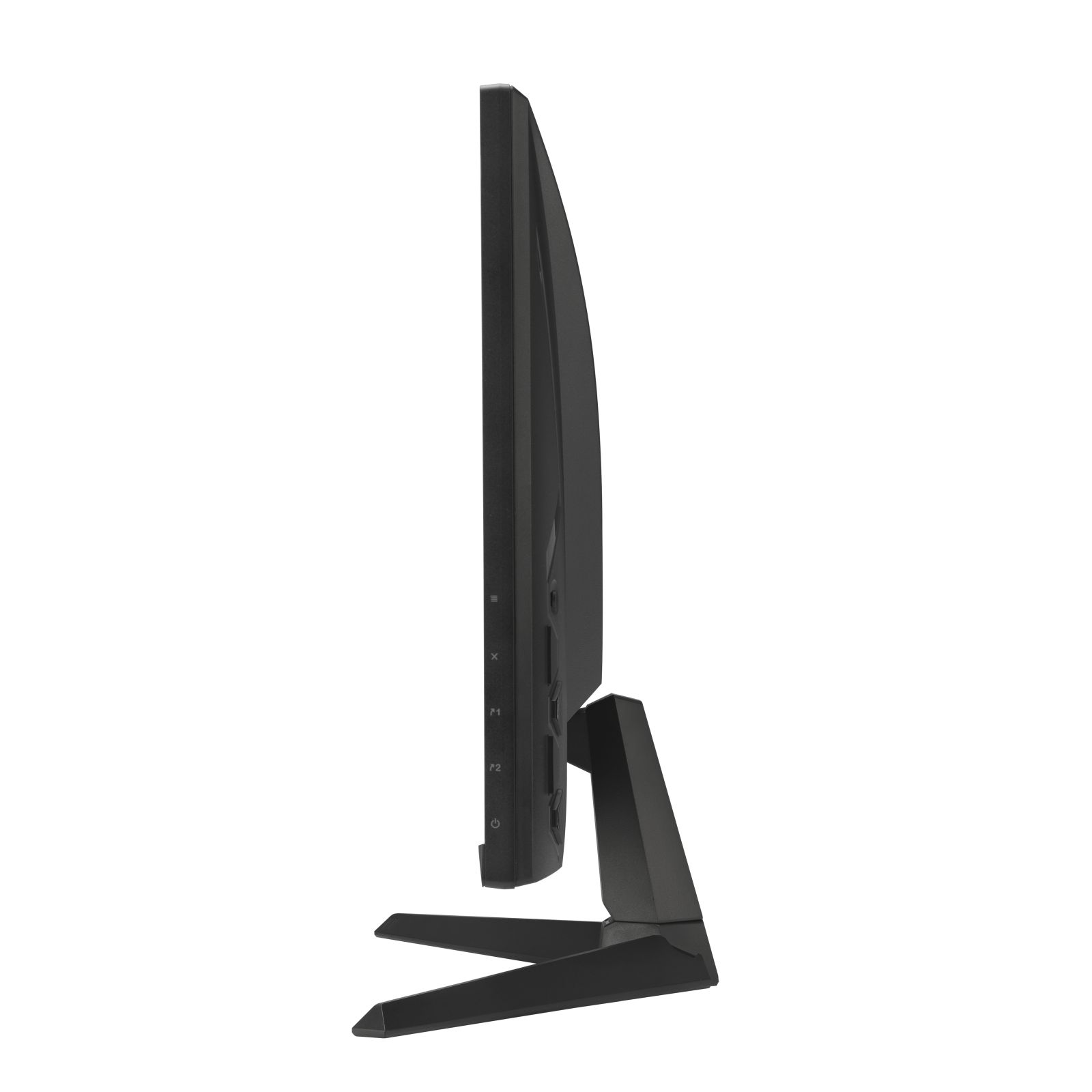 Seitenansicht eines schwarzen Computermonitors. Der Ständer ist V-förmig. Das Display ist dünn. Asus Logo.