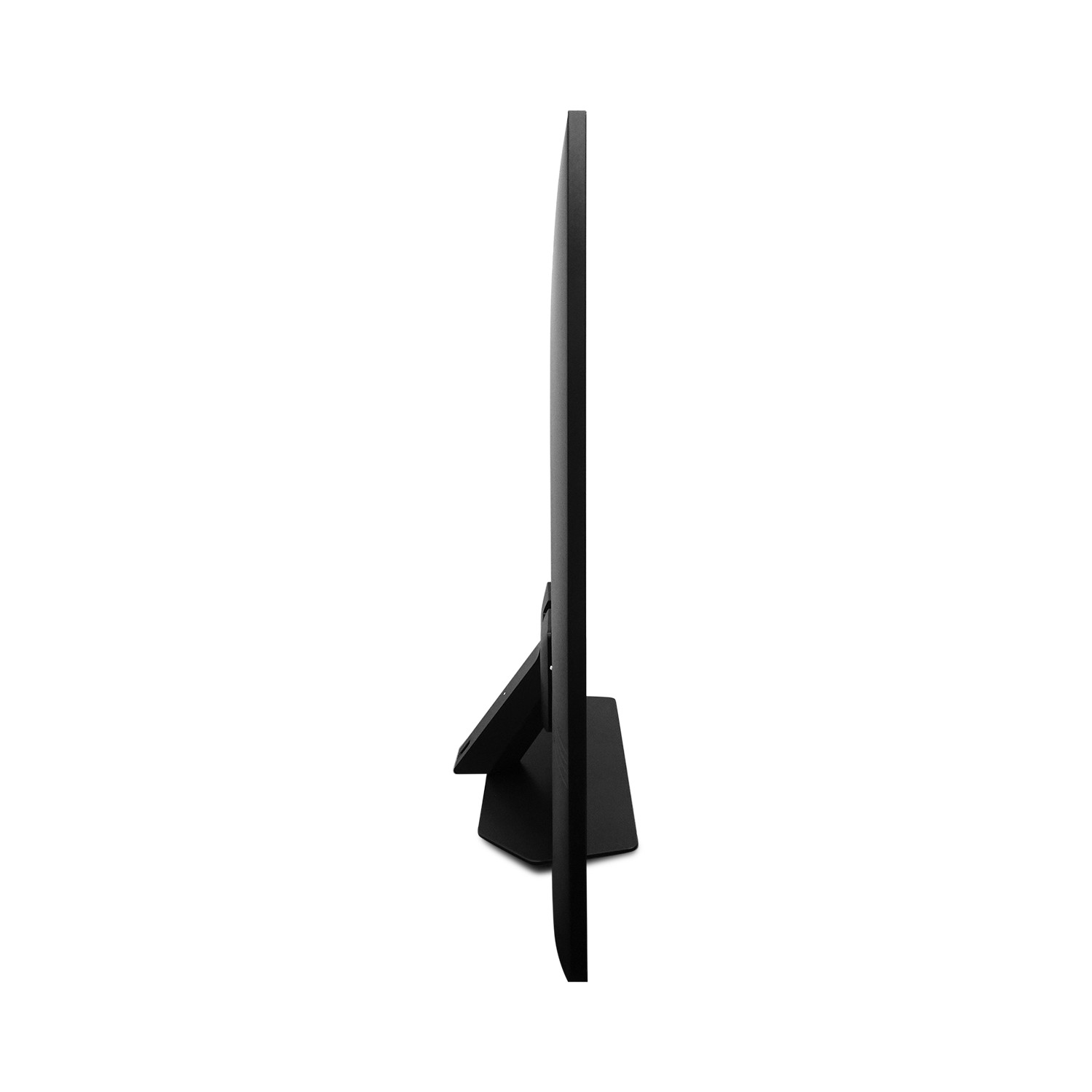 Eine Seitenansicht eines schwarzen Fernsehers auf weißem Hintergrund. Der Fernseher ist dünn mit einem Ständer.