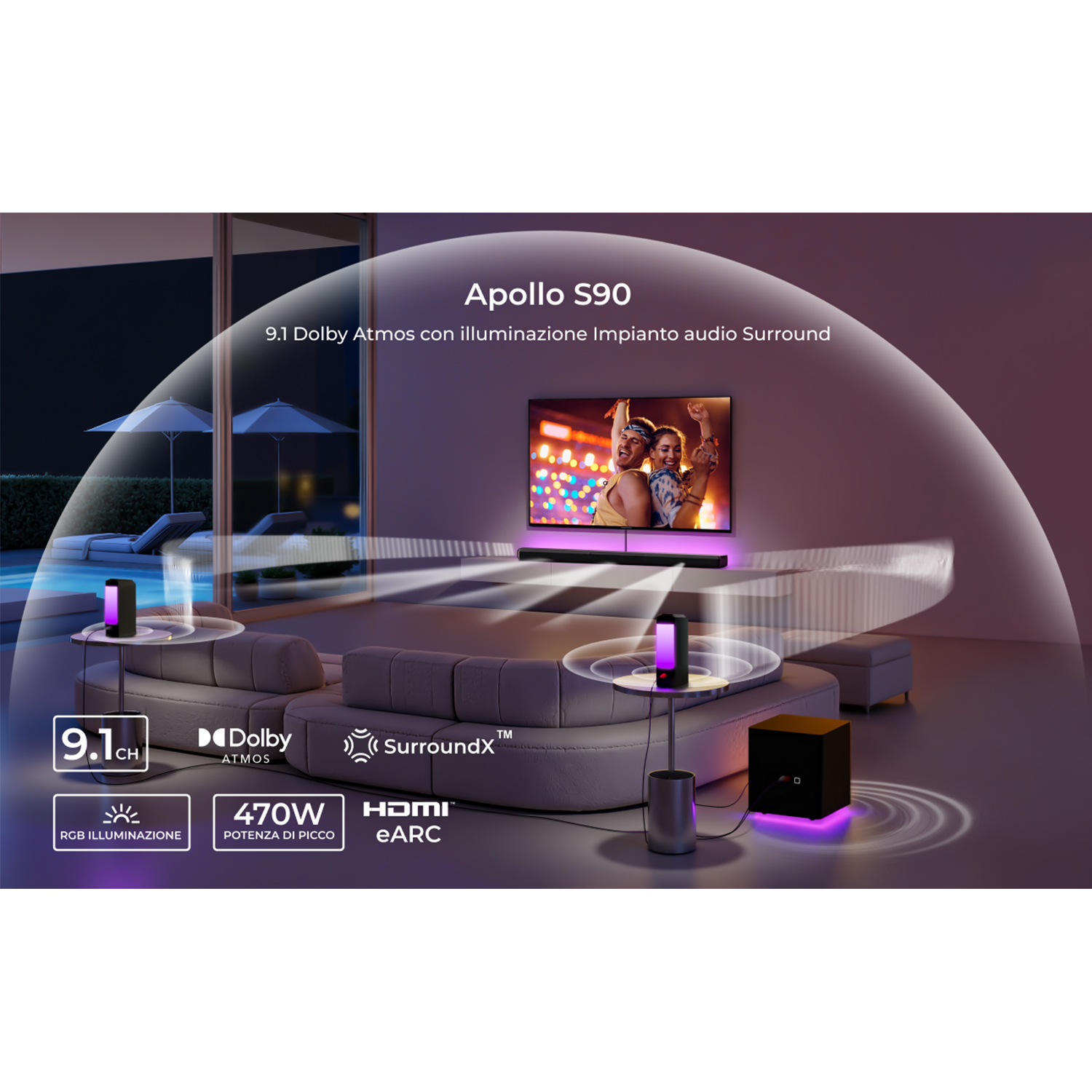 Scena del soggiorno con TV, soundbar, subwoofer e luci decorative. Testo: Apollo S90.