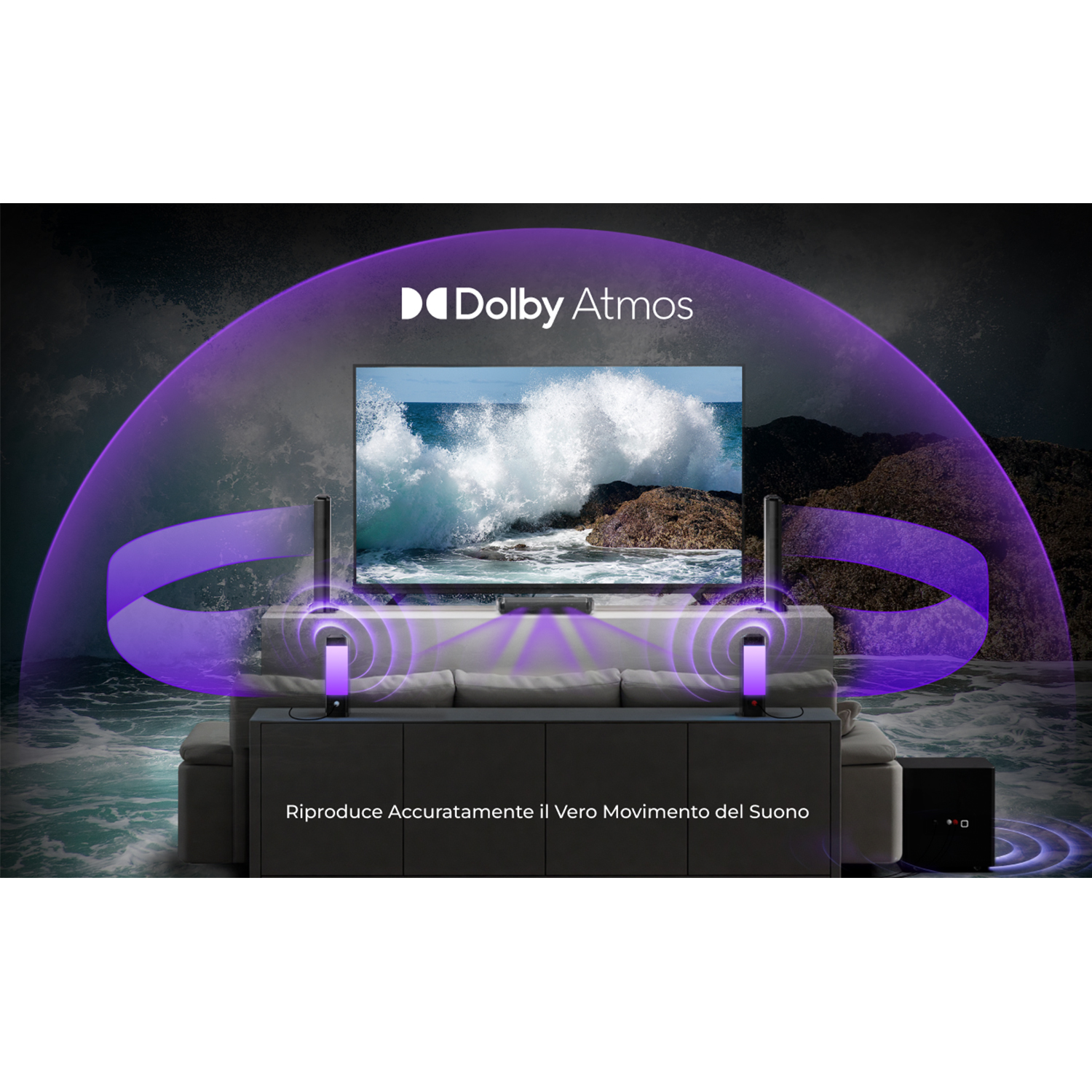 Soggiorno con TV, due altoparlanti verticali e un subwoofer. Testo: Dolby Atmos. Scena d'acqua.
