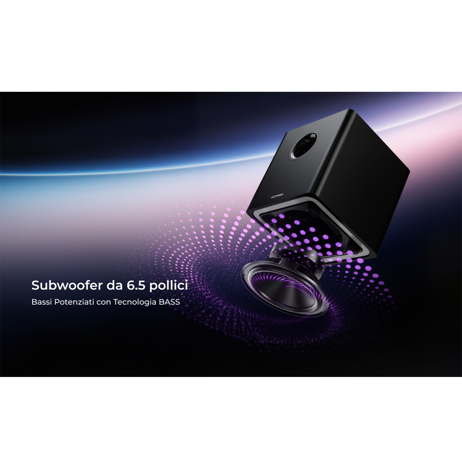 Subwoofer nero con cono altoparlante, effetto luce viola. Testo: Subwoofer da 6,5 pollici.