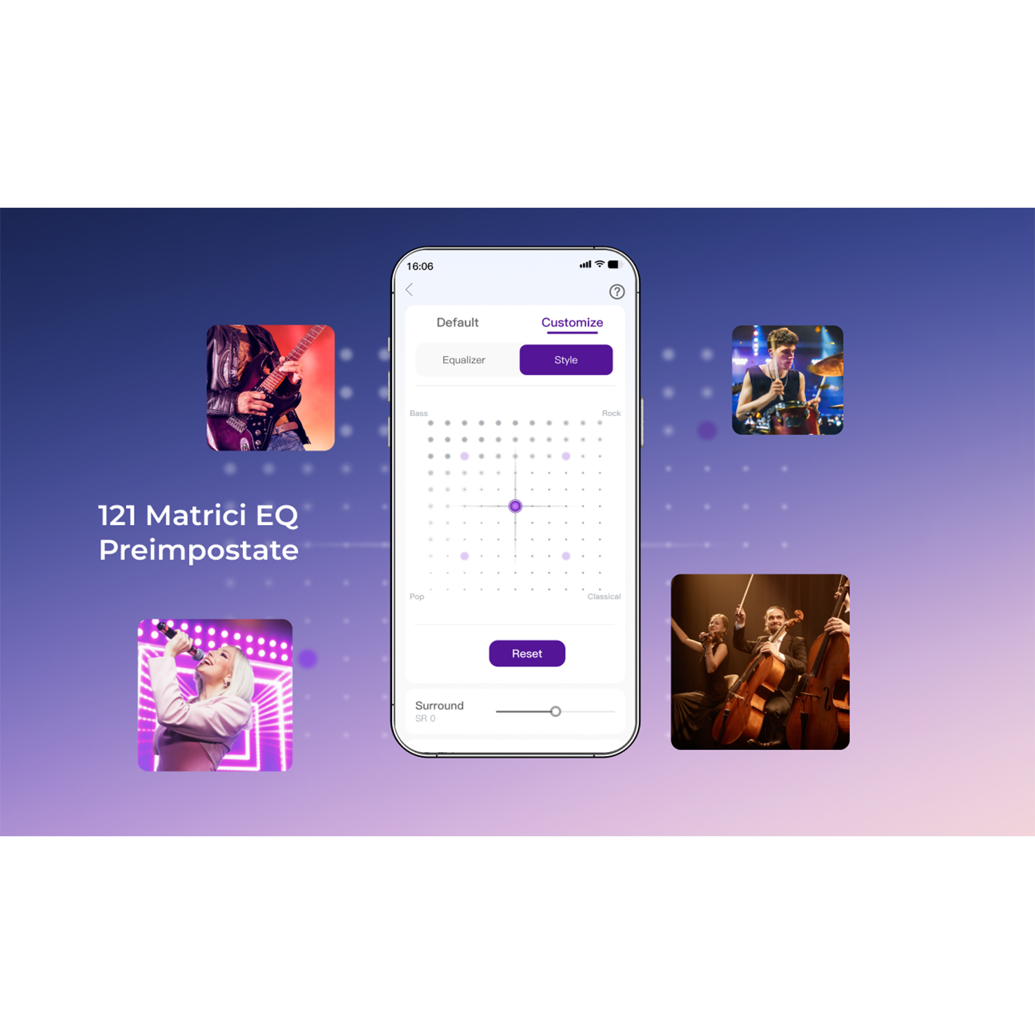 Interfaccia smartphone con impostazioni musicali, con opzioni equalizzatore e immagini di artisti.