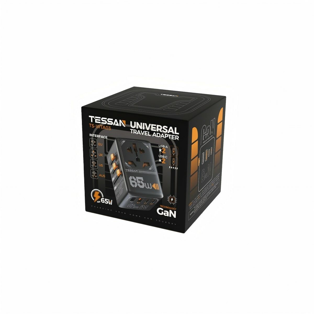 Caja con un adaptador de viaje, con puertos USB y 65W, sobre un fondo blanco.