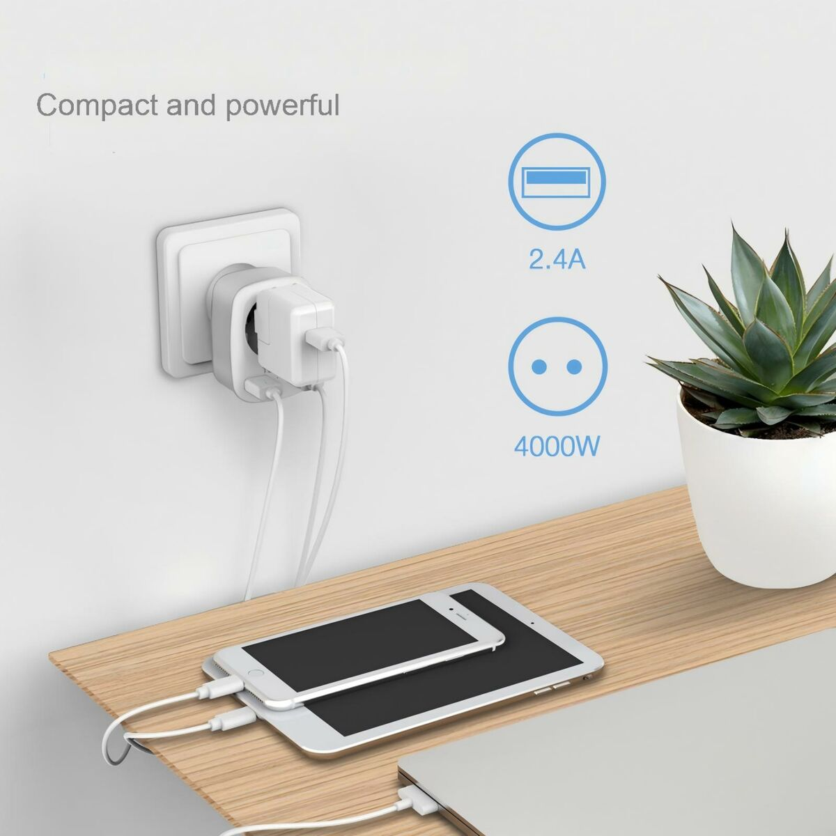 Adaptador enchufado a una toma de corriente, cargando dos dispositivos, con texto y una planta.