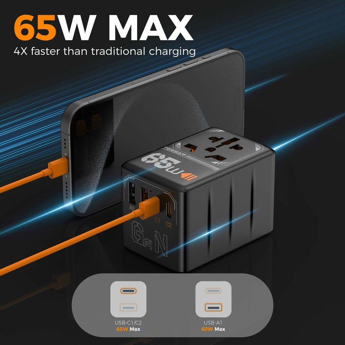 Adaptador de corriente negro cargando un teléfono, con un puerto USB y cable naranja.