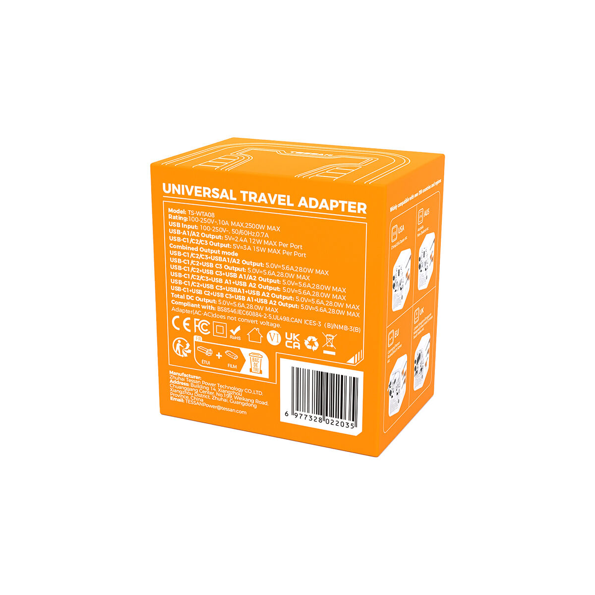 Caja naranja de adaptador de viaje universal con texto. Detalles de las especificaciones impresos en la caja.