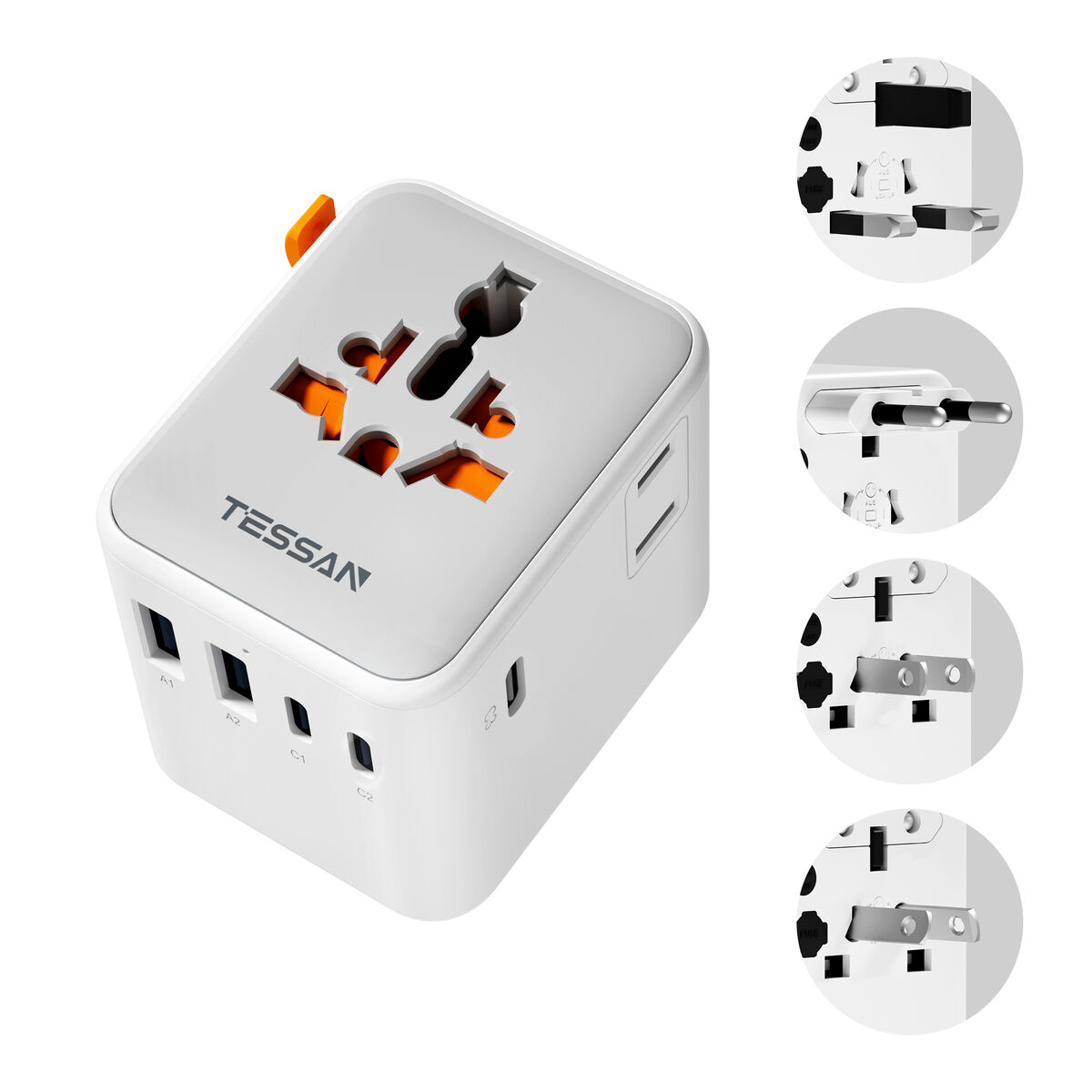 Un adaptador de viaje TESSAN blanco con múltiples enchufes y puertos USB. Primeros planos muestran varias configuraciones de enchufe.