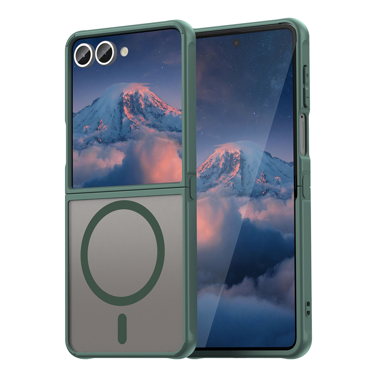 Groene telefoonhoes voor een opvouwbare telefoon, gedeeltelijk open. Een scherm met een bergketen is zichtbaar.