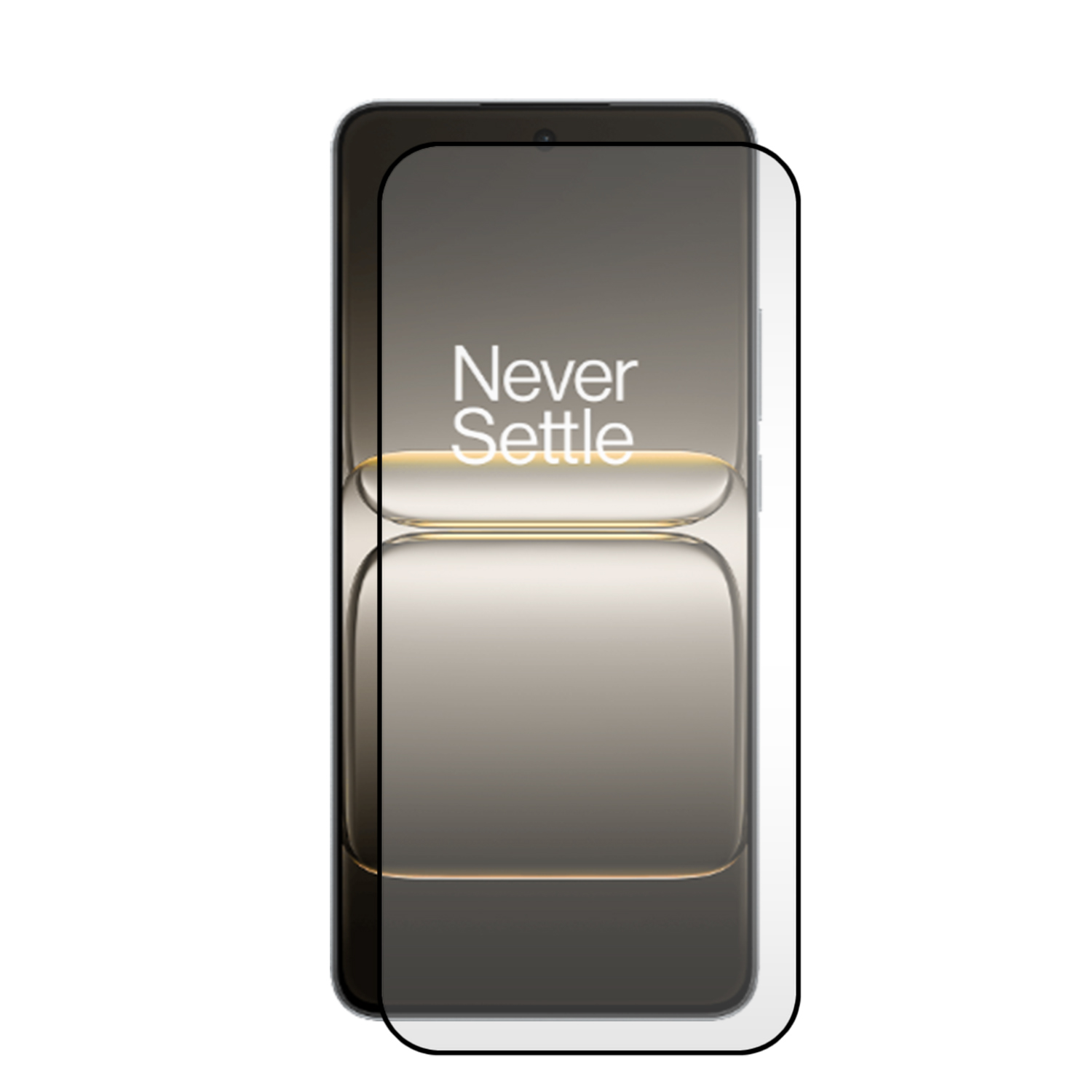 Smartphone avec protecteur d'écran, affichant le texte 'Never Settle'.