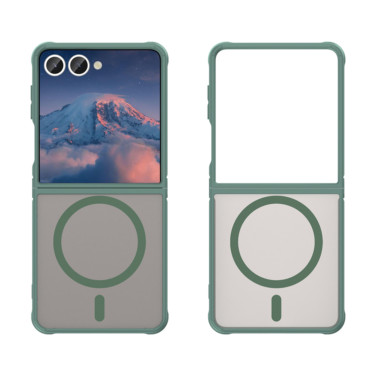Opvouwbare telefoonhoes, open, groen frame, scherm toont berg. Magnetische cirkel.