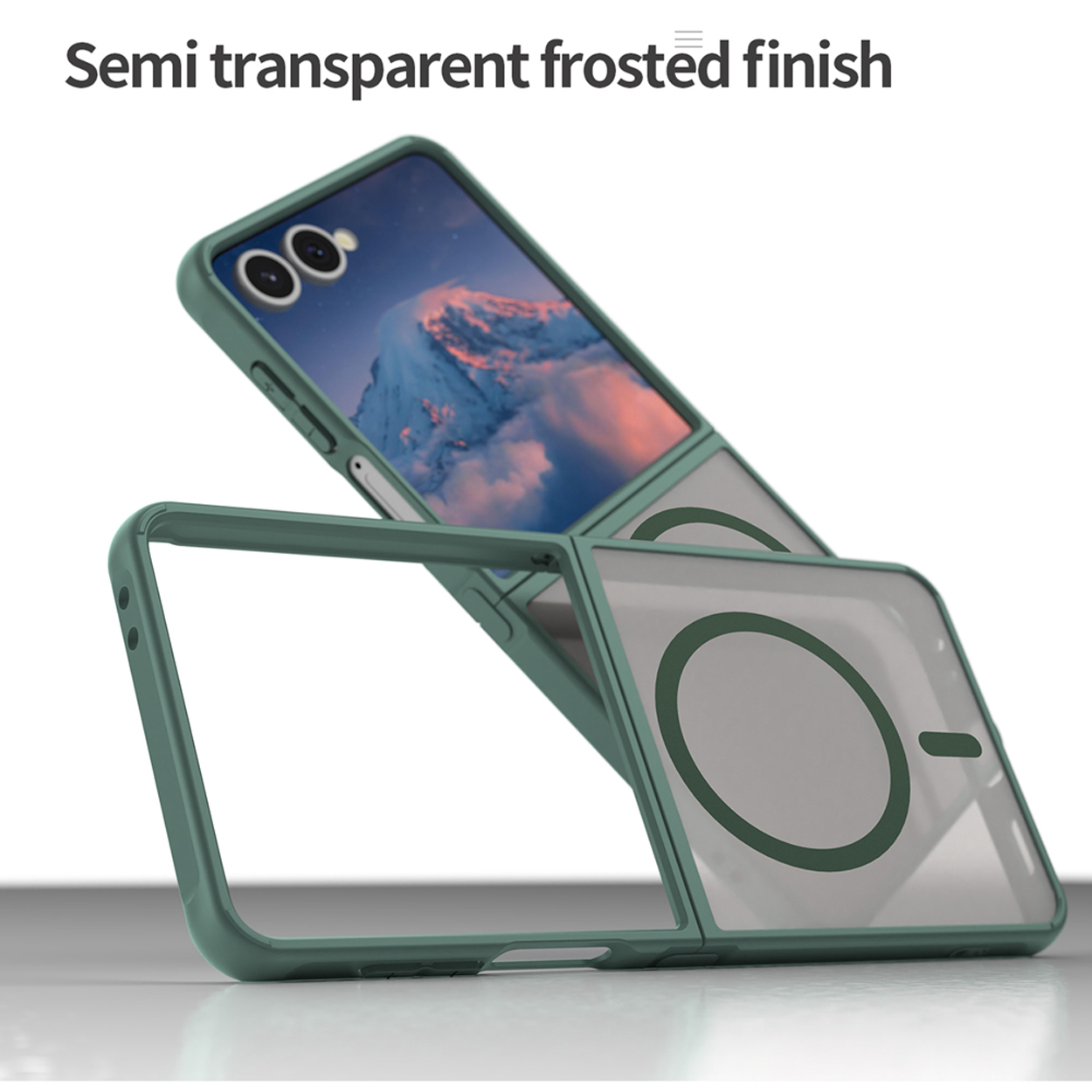 Een groene telefoonhoes voor een opvouwbare telefoon. De telefoon is gedeeltelijk open, met een scherm zichtbaar.
