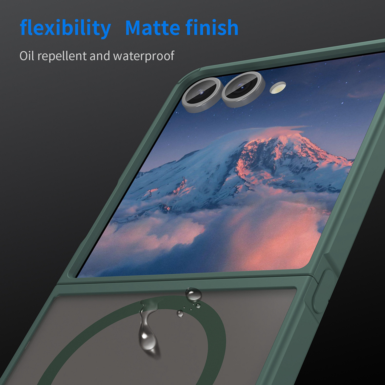 Groene telefoonhoes met 'flexibiliteit' en 'matte afwerking', en een waterdruppel.
