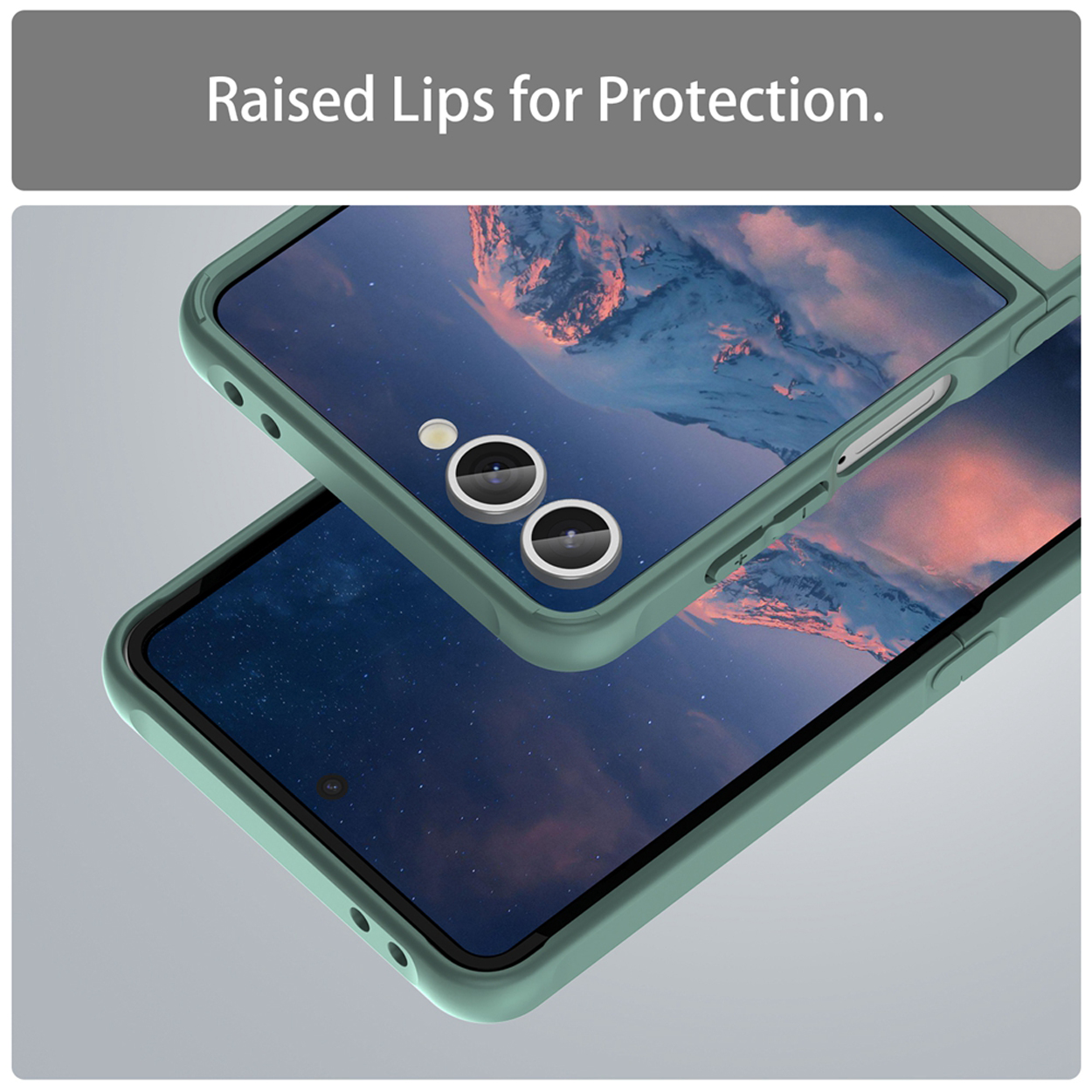 Twee groene telefoonhoesjes voor opvouwbare telefoons. De tekst "Raised Lips for Protection" is zichtbaar.