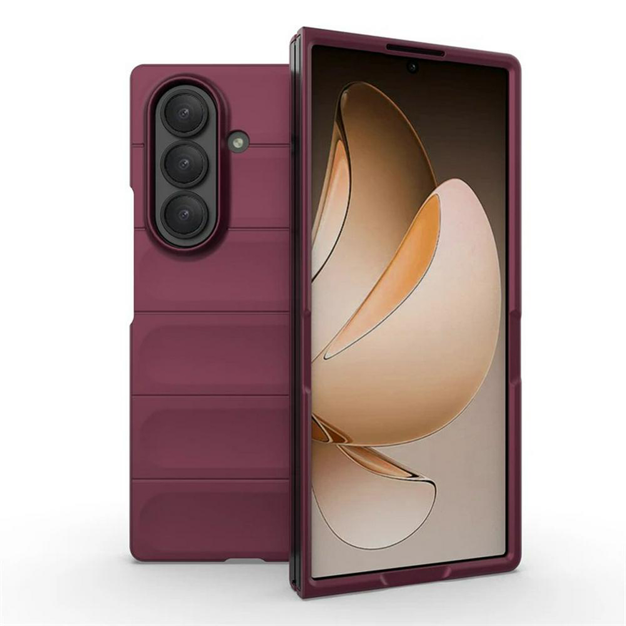 Téléphone pliable avec étui bordeaux, ouvert, montrant l'écran et la configuration de la caméra.