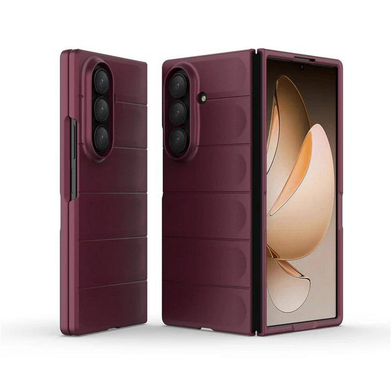 Téléphone pliable, coque bordeaux, partiellement ouvert. Trois caméras arrière. L'écran ouvert affiche un design abstrait clair.