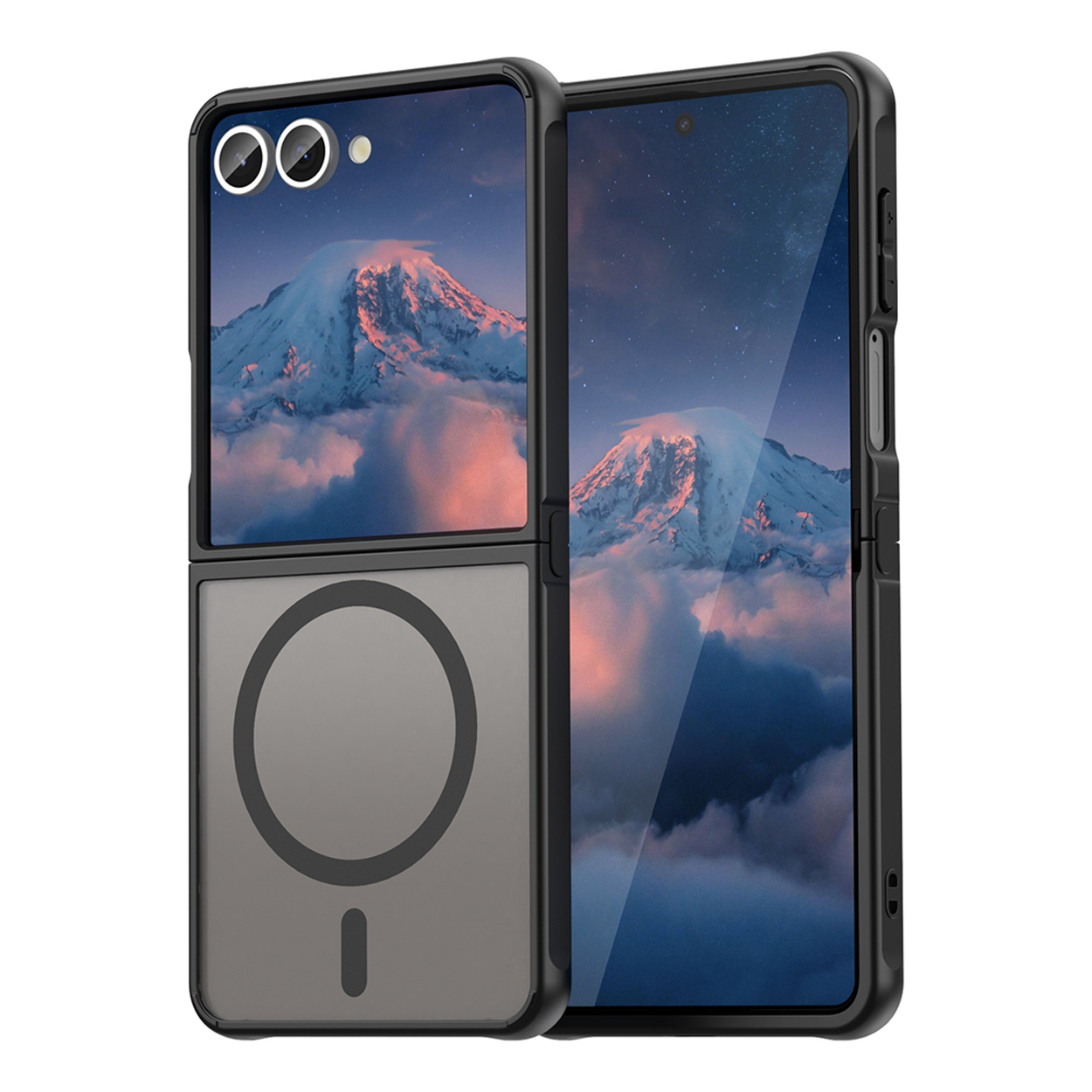 Opvouwbare telefoonhoes open, met groen frame, scherm toont berg. Magnetische cirkel achter.