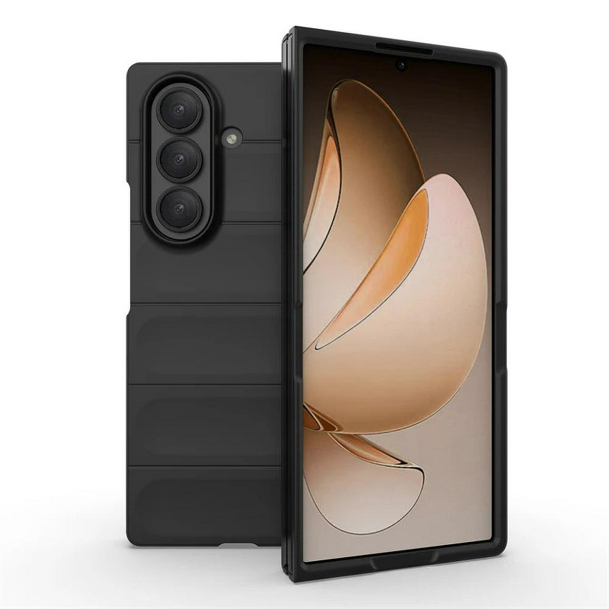 Un téléphone avec un étui noir, ouvert. L'intérieur est un écran affichant une image floue.