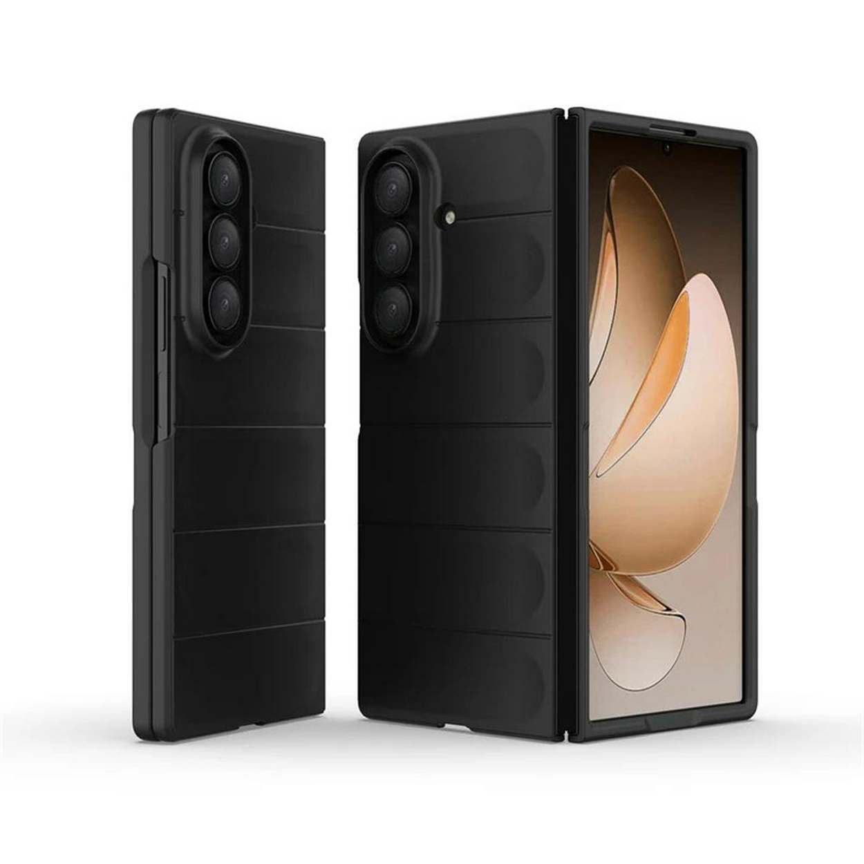 Deux coques de téléphone noires, dont une ouverte, affichant l'écran du téléphone.