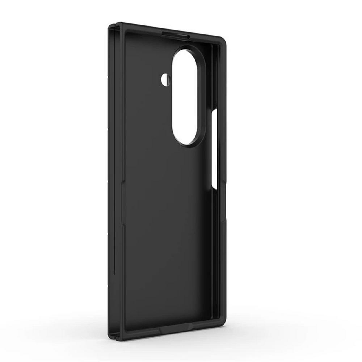 Vue latérale d'une coque de téléphone noire. La coque a une forme rectangulaire avec des coins arrondis.