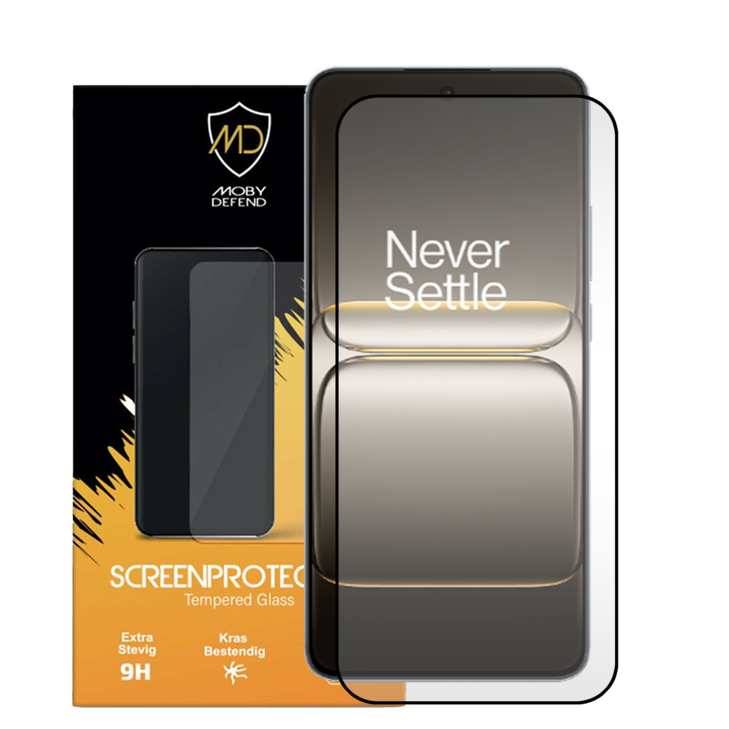 Téléphone avec un protecteur d'écran et une boîte. La boîte affiche 'Never Settle' sur l'écran.