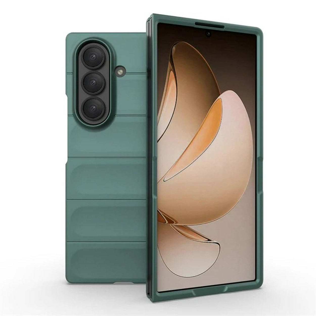 Deux coques de téléphone vertes, dont une ouverte, montrant l'écran du téléphone.