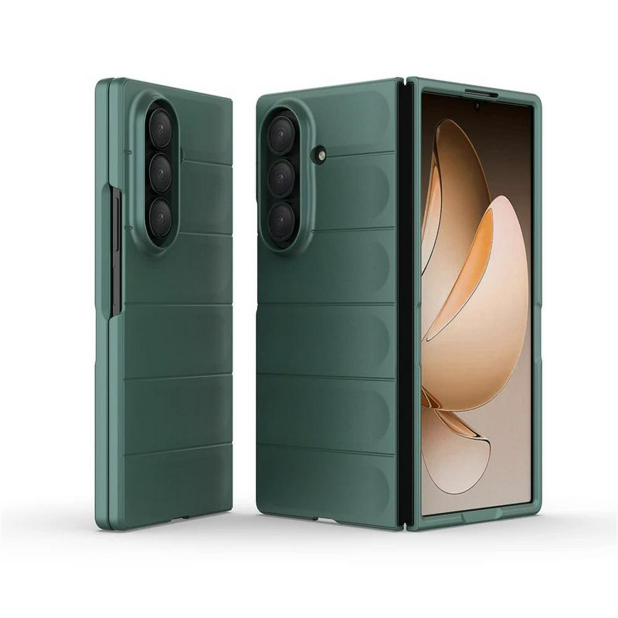 Deux coques de téléphone vertes, dont une ouverte, affichant l'écran du téléphone.