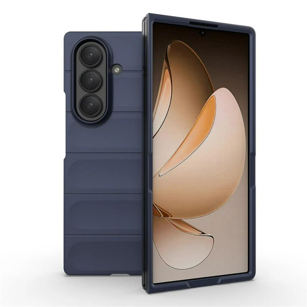 Deux coques de téléphone bleu foncé, dont une ouverte, affichant l'écran du téléphone.