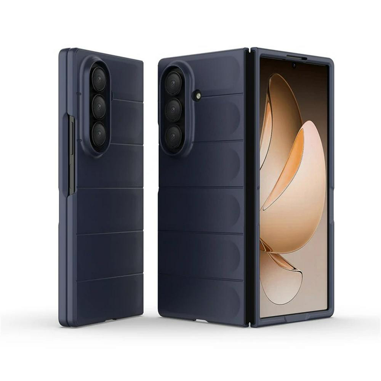 Coque de téléphone bleu foncé avec un téléphone plié à l'intérieur. Le téléphone affiche un motif floral.